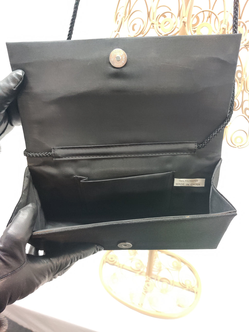 Vintage Black Satin Embroidered Evening Bag - Rhinestone Clutch Crossbody