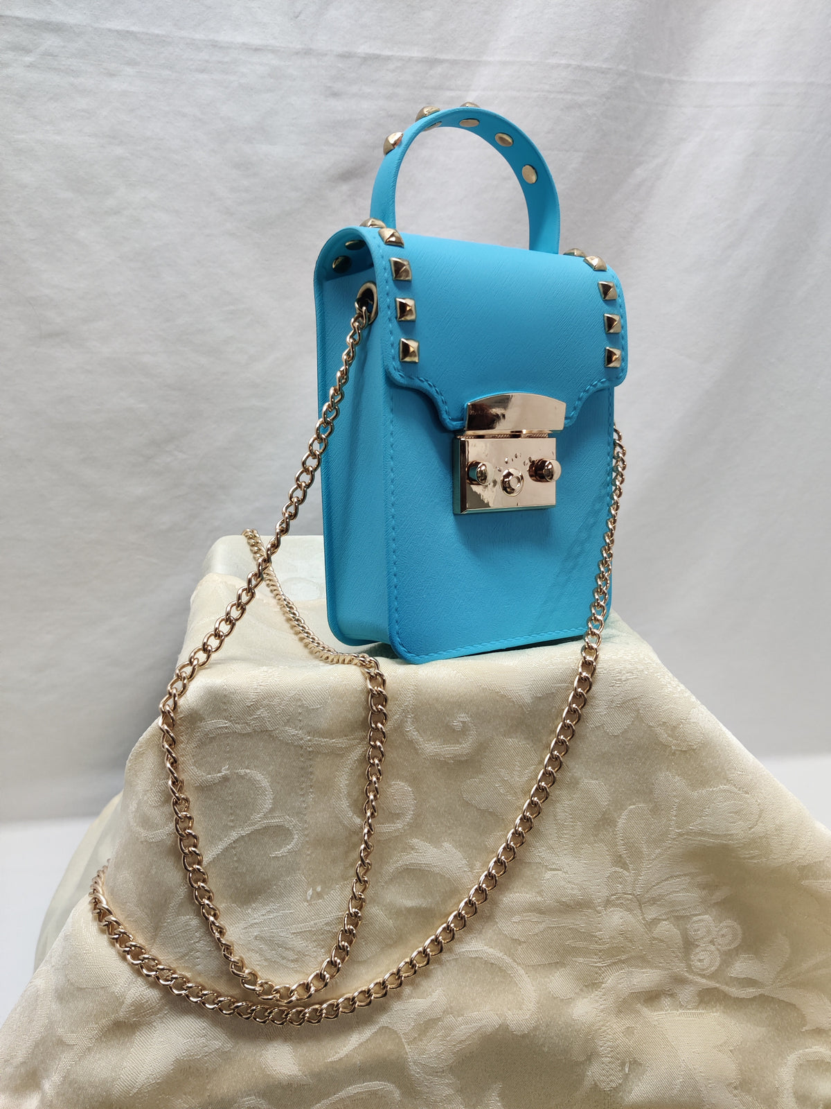 Bright Blue Studded Mini Box Bag - Gold Chain Crossbody Phone Purse