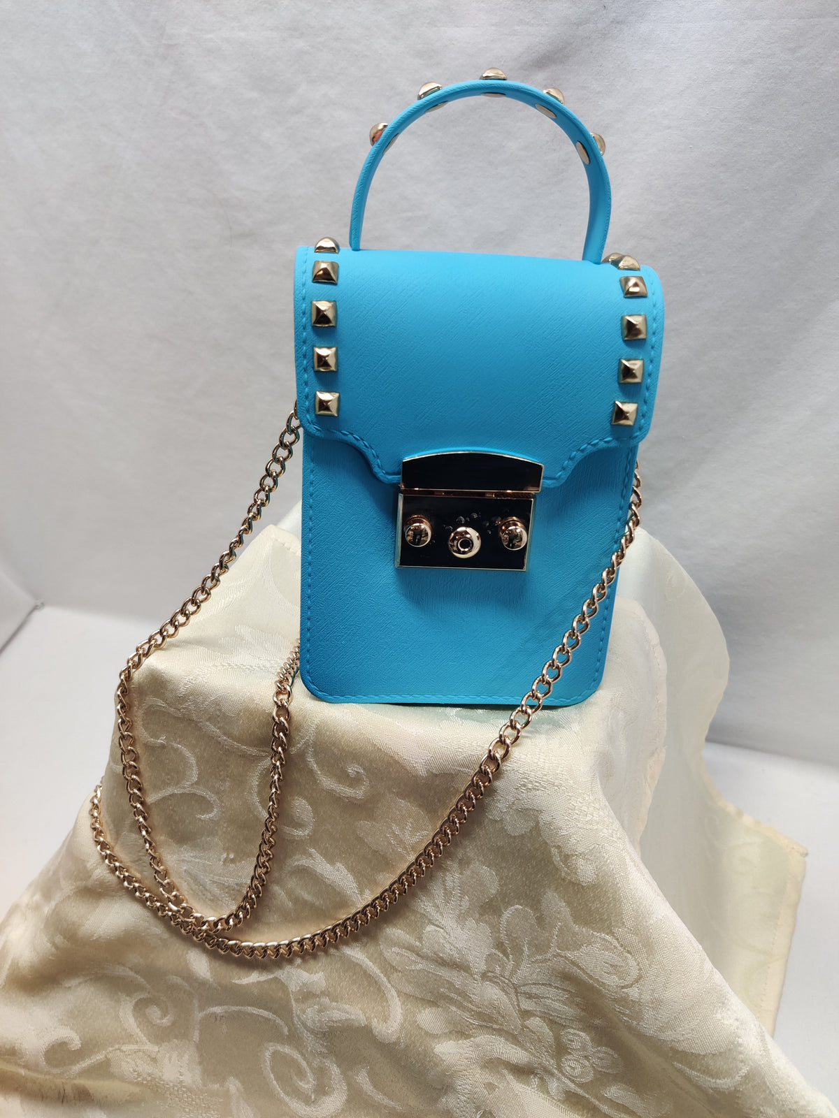 Bright Blue Studded Mini Box Bag - Gold Chain Crossbody Phone Purse