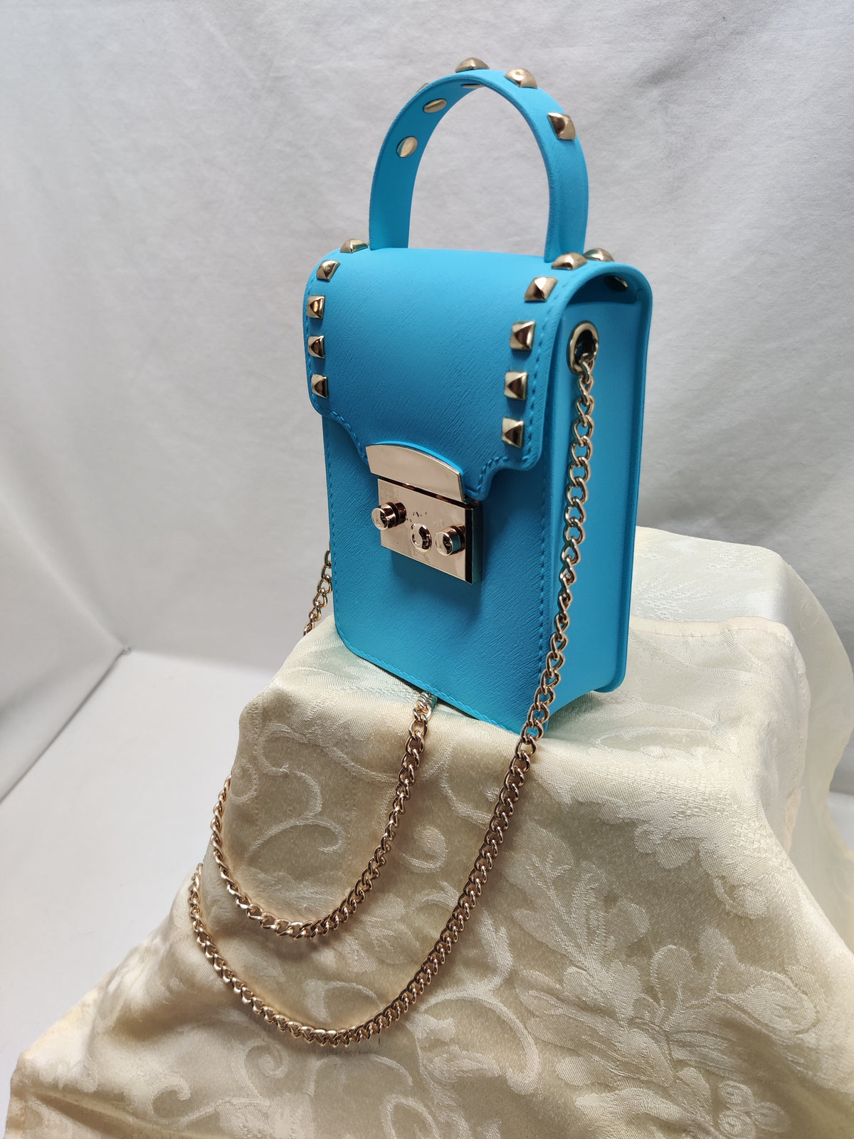 Bright Blue Studded Mini Box Bag - Gold Chain Crossbody Phone Purse