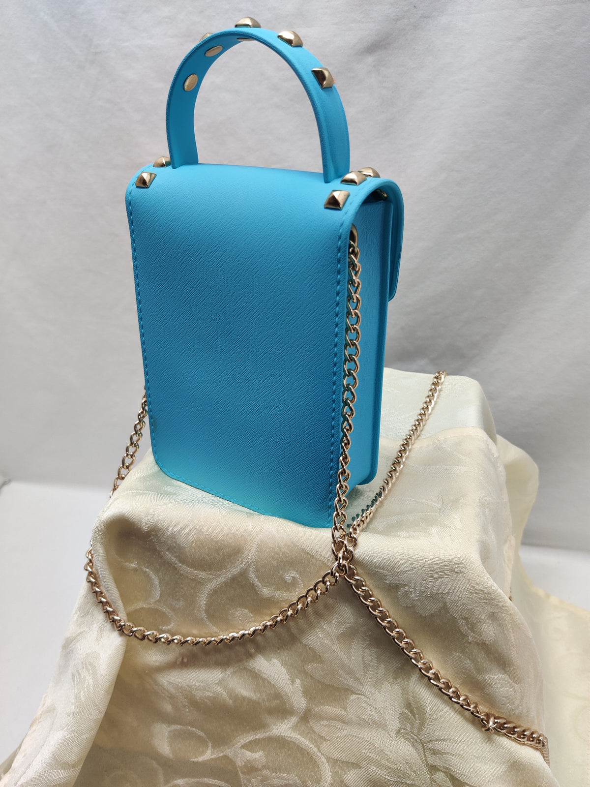 Bright Blue Studded Mini Box Bag - Gold Chain Crossbody Phone Purse