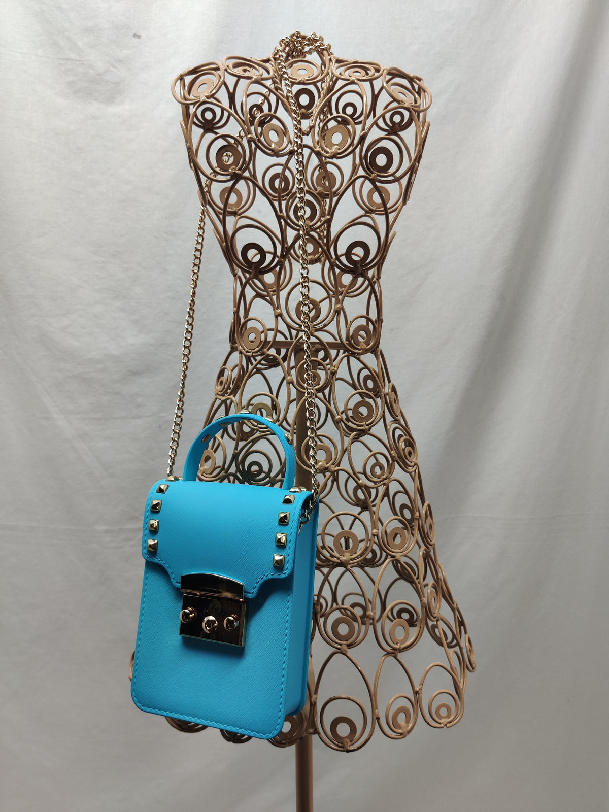 Bright Blue Studded Mini Box Bag - Gold Chain Crossbody Phone Purse