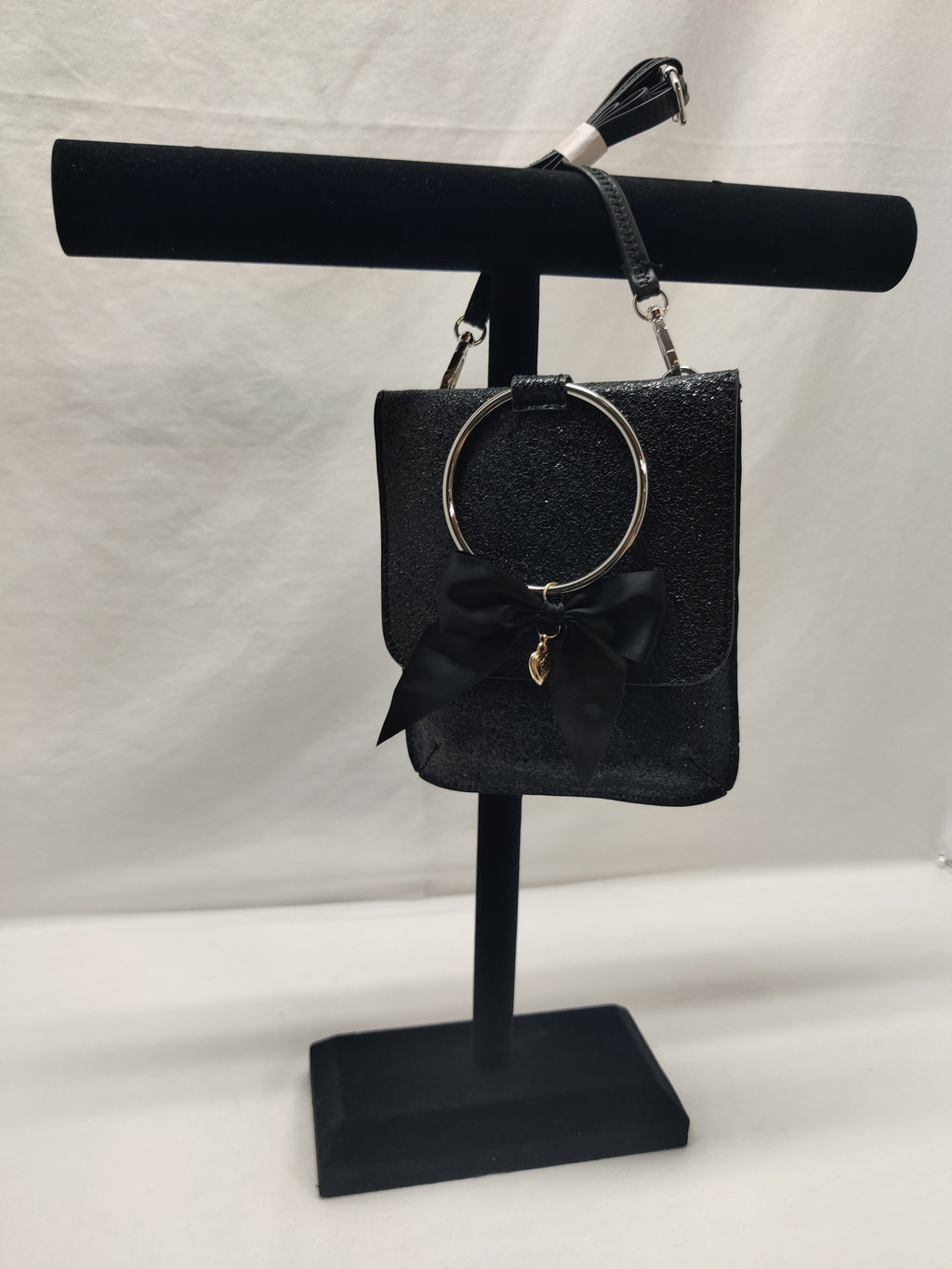 Black Glitter Mini Crossbody Bag - Silver Ring Bow Heart Charm Party Purse