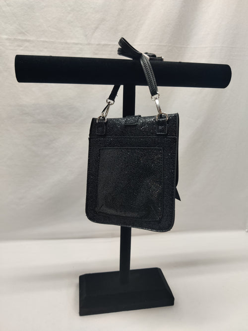 Black Glitter Mini Crossbody Bag - Silver Ring Bow Heart Charm Party Purse
