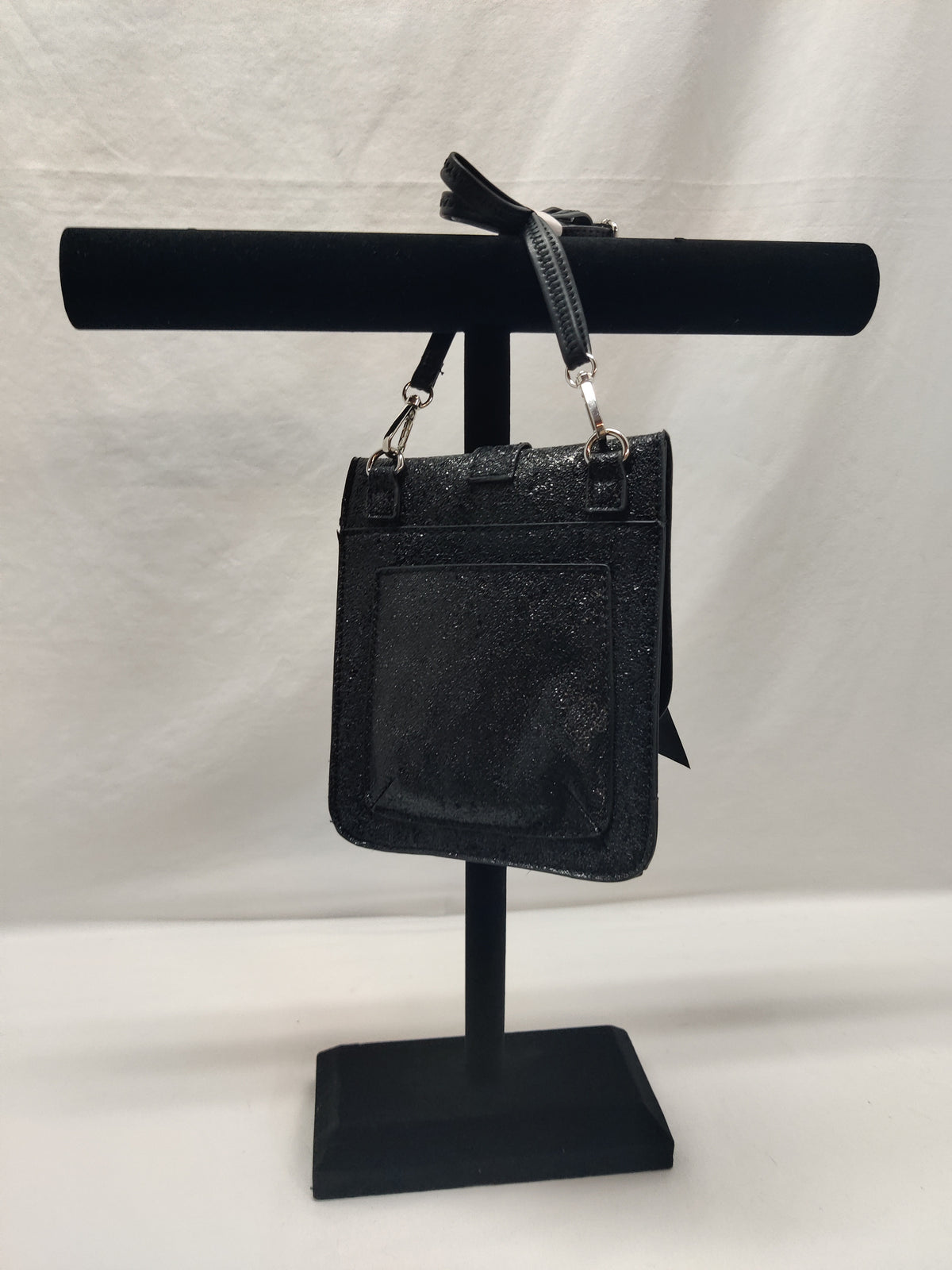 Black Glitter Mini Crossbody Bag - Silver Ring Bow Heart Charm Party Purse