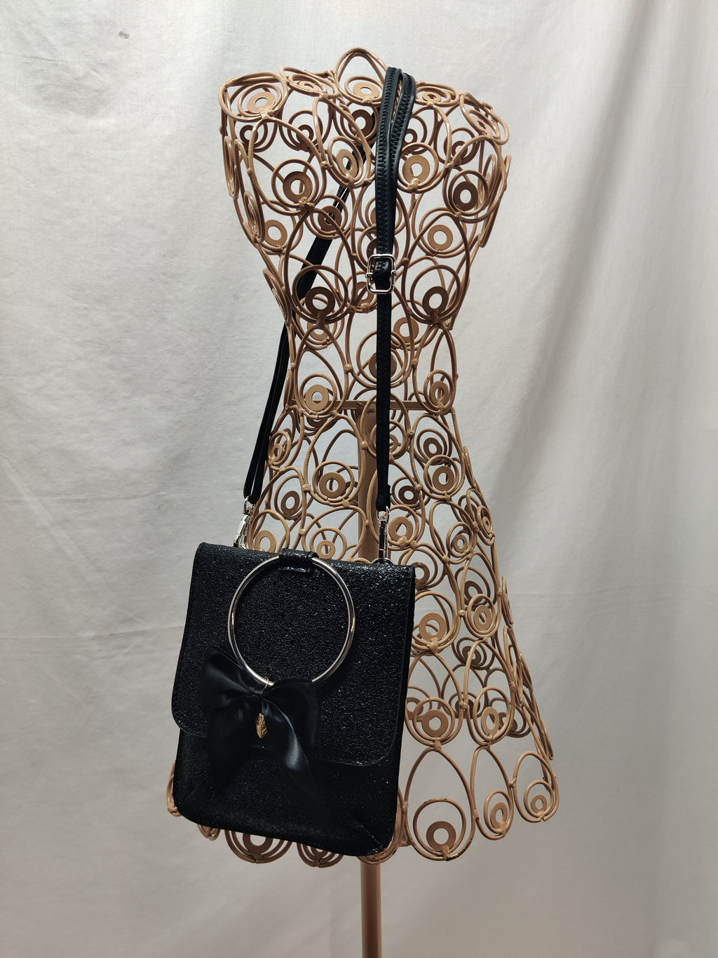 Black Glitter Mini Crossbody Bag - Silver Ring Bow Heart Charm Party Purse