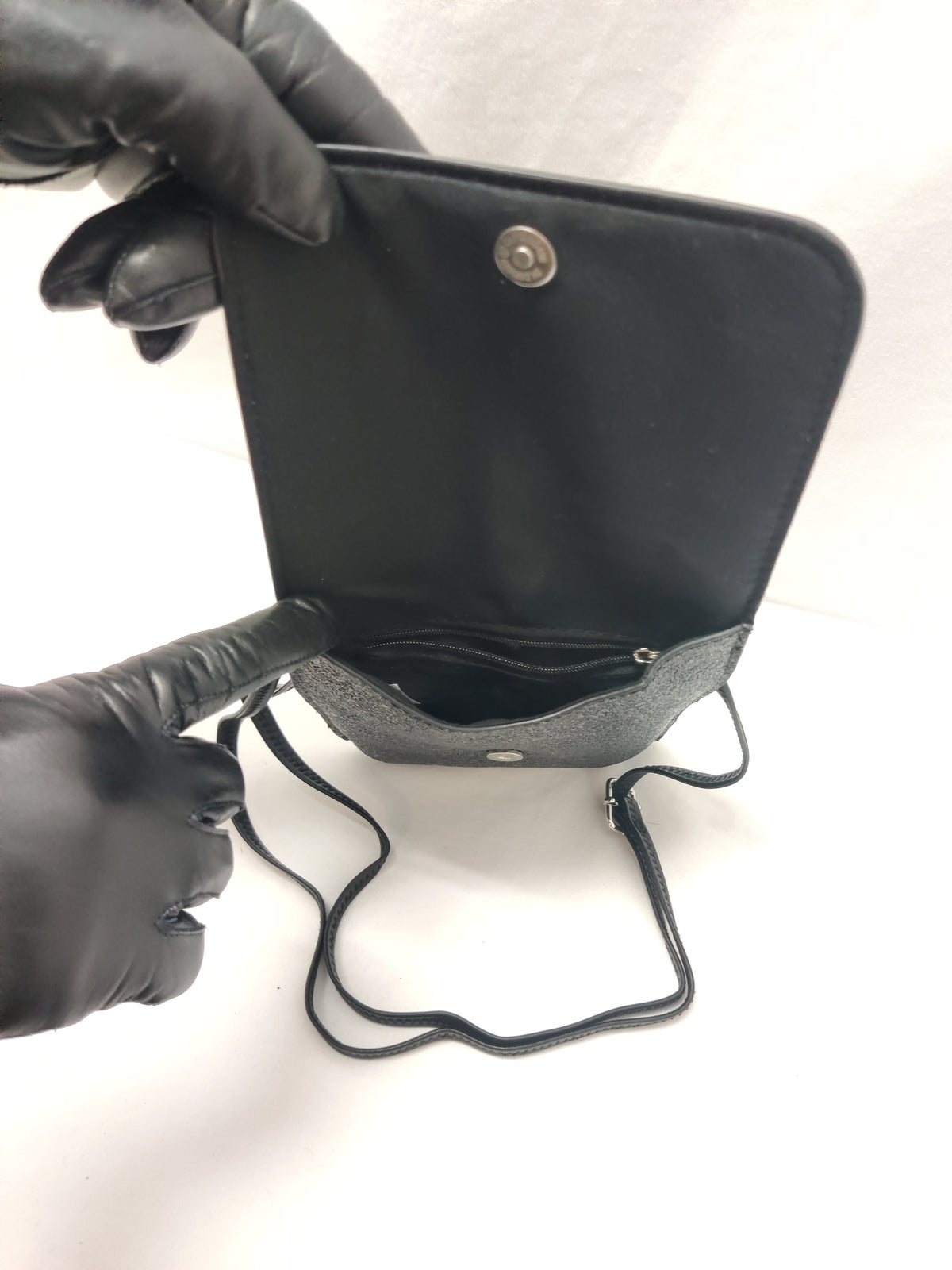 Black Glitter Mini Crossbody Bag - Silver Ring Bow Heart Charm Party Purse