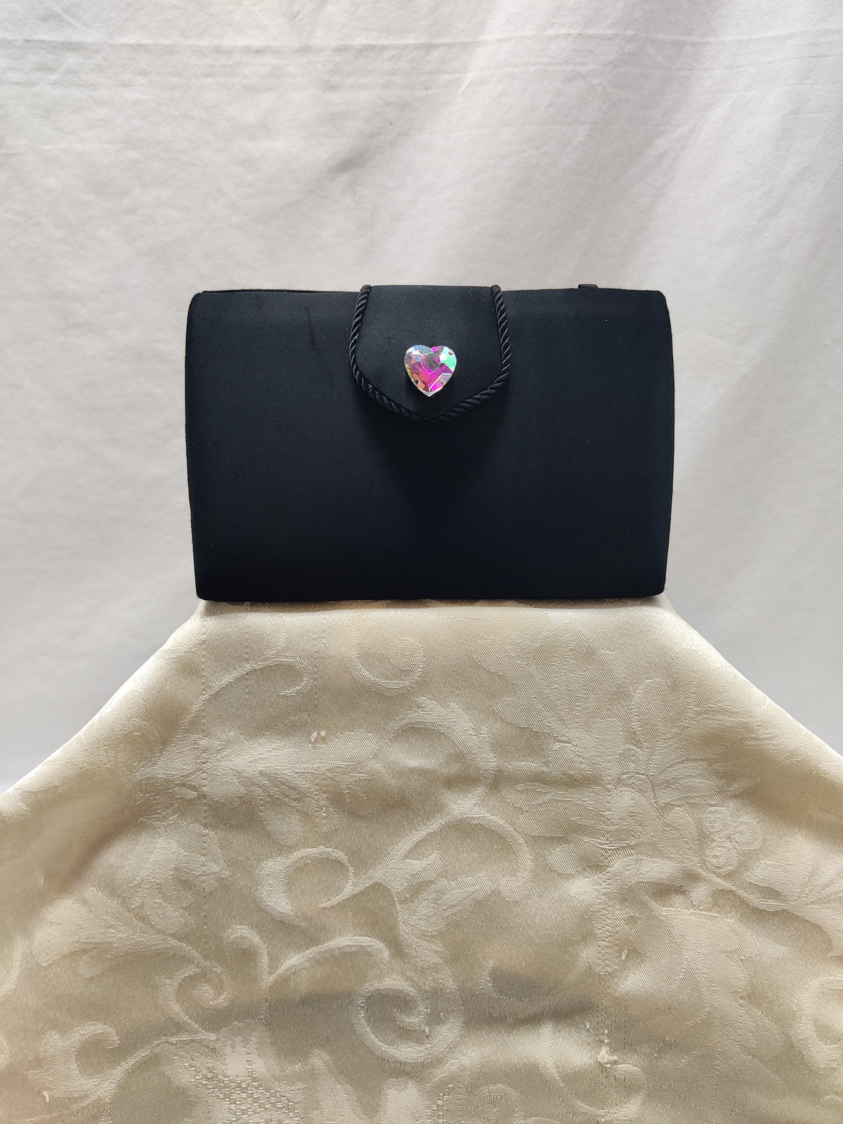 Lord & Taylor Black Satin Evening Bag - AB Crystal Heart Clutch Crossbody