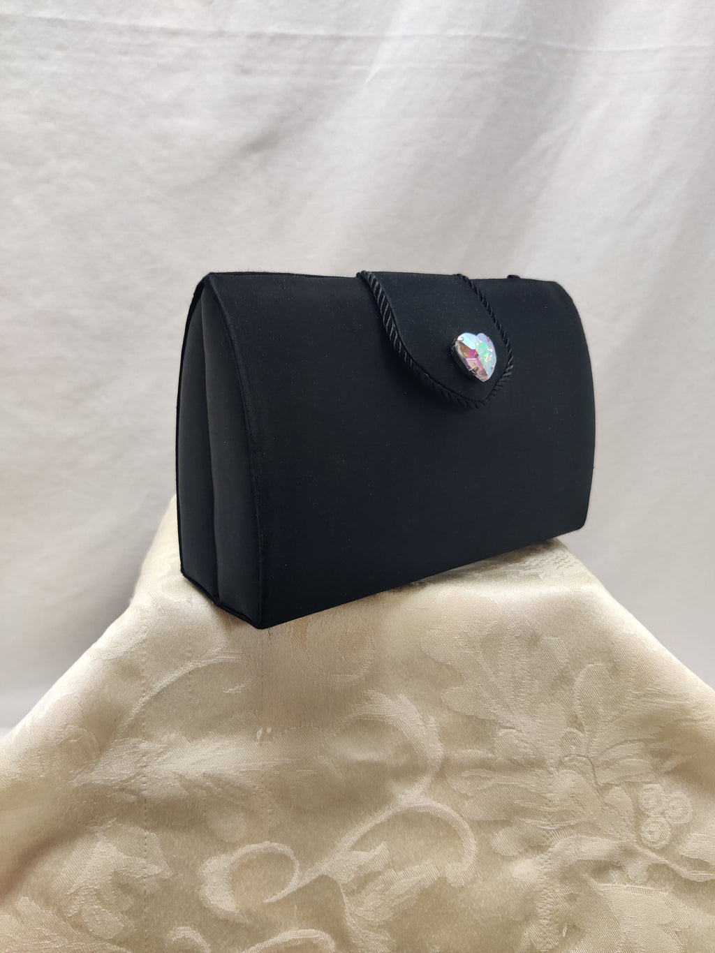 Lord & Taylor Black Satin Evening Bag - AB Crystal Heart Clutch Crossbody