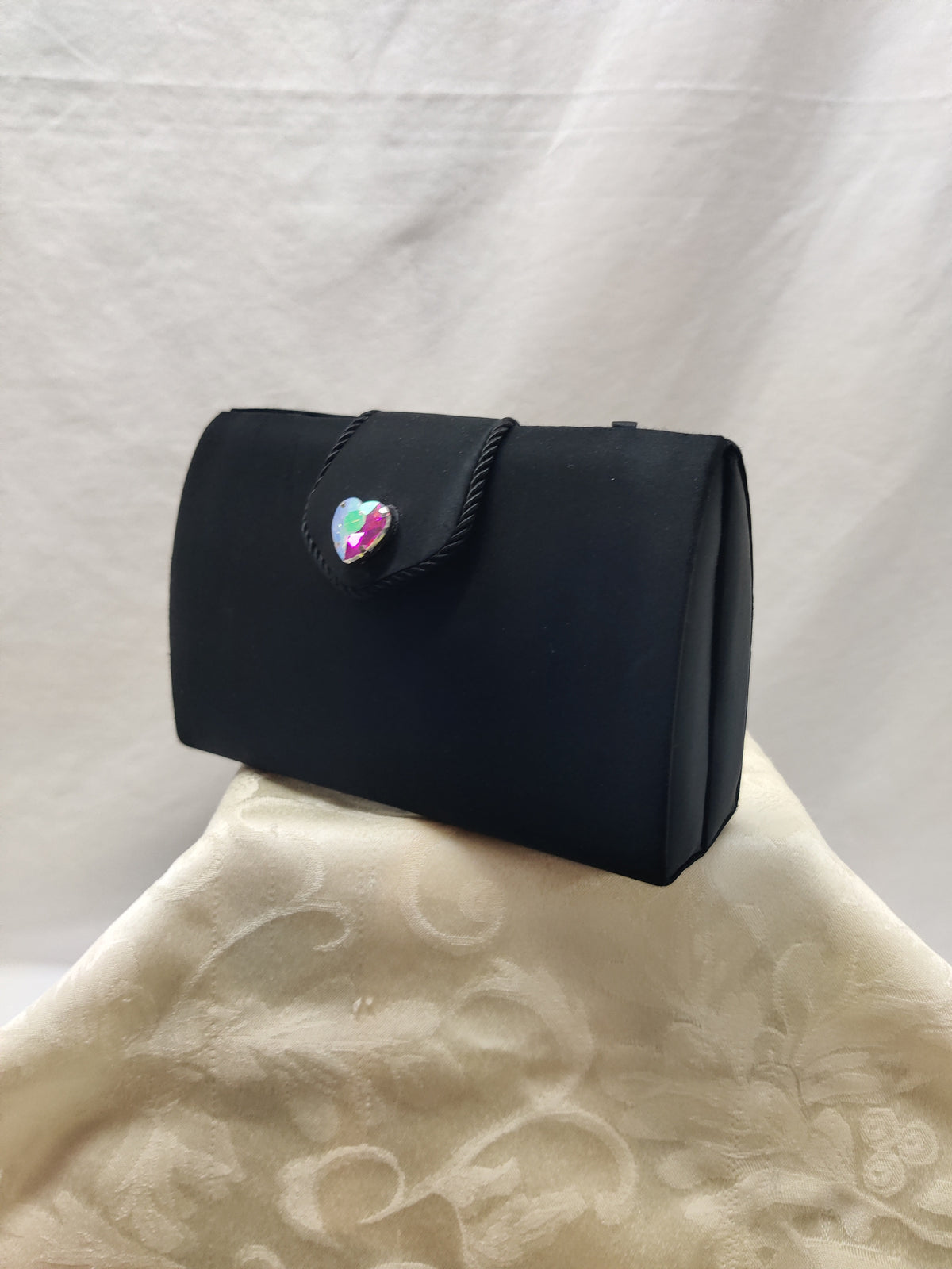 Lord & Taylor Black Satin Evening Bag - AB Crystal Heart Clutch Crossbody
