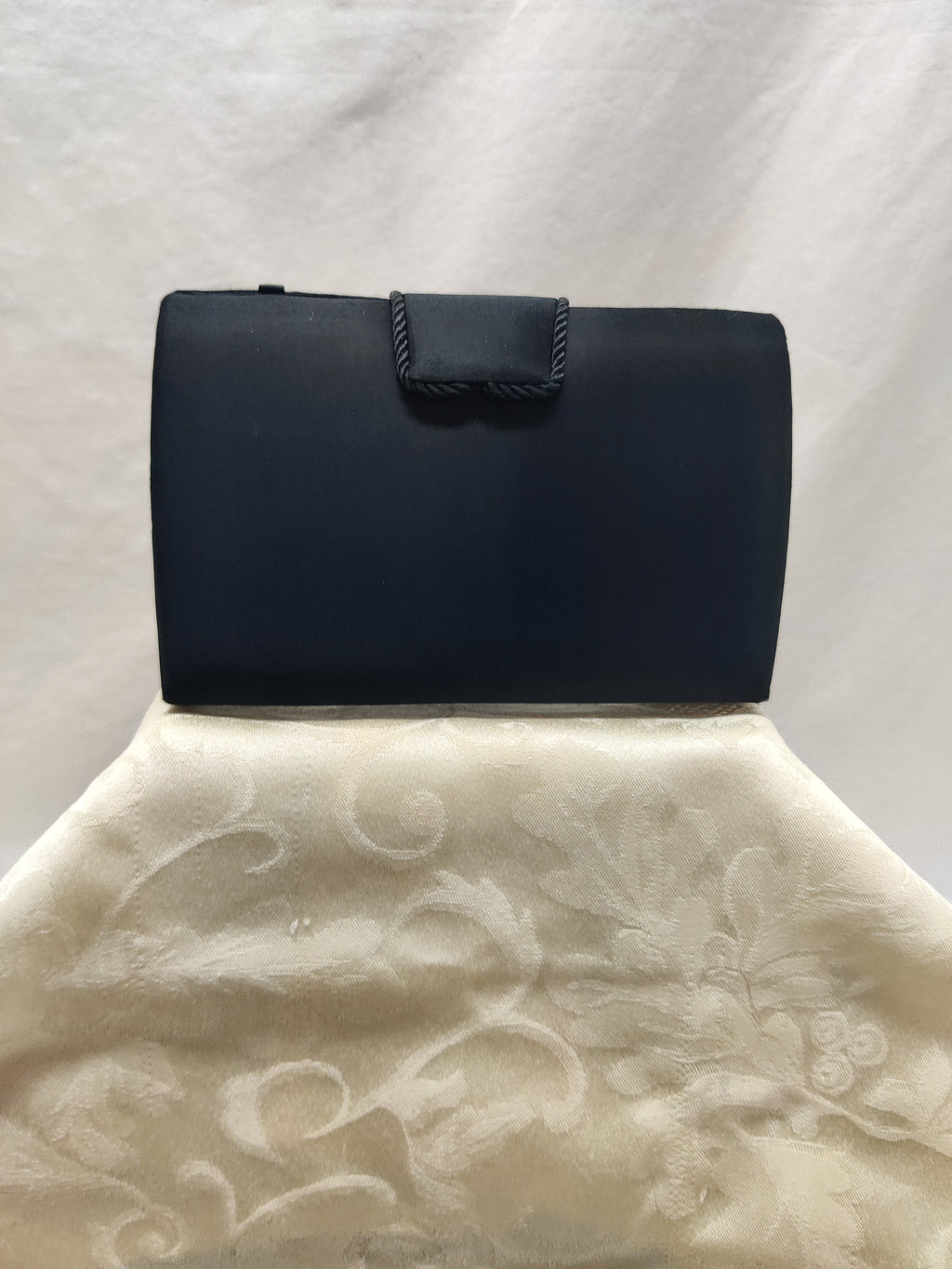 Lord & Taylor Black Satin Evening Bag - AB Crystal Heart Clutch Crossbody