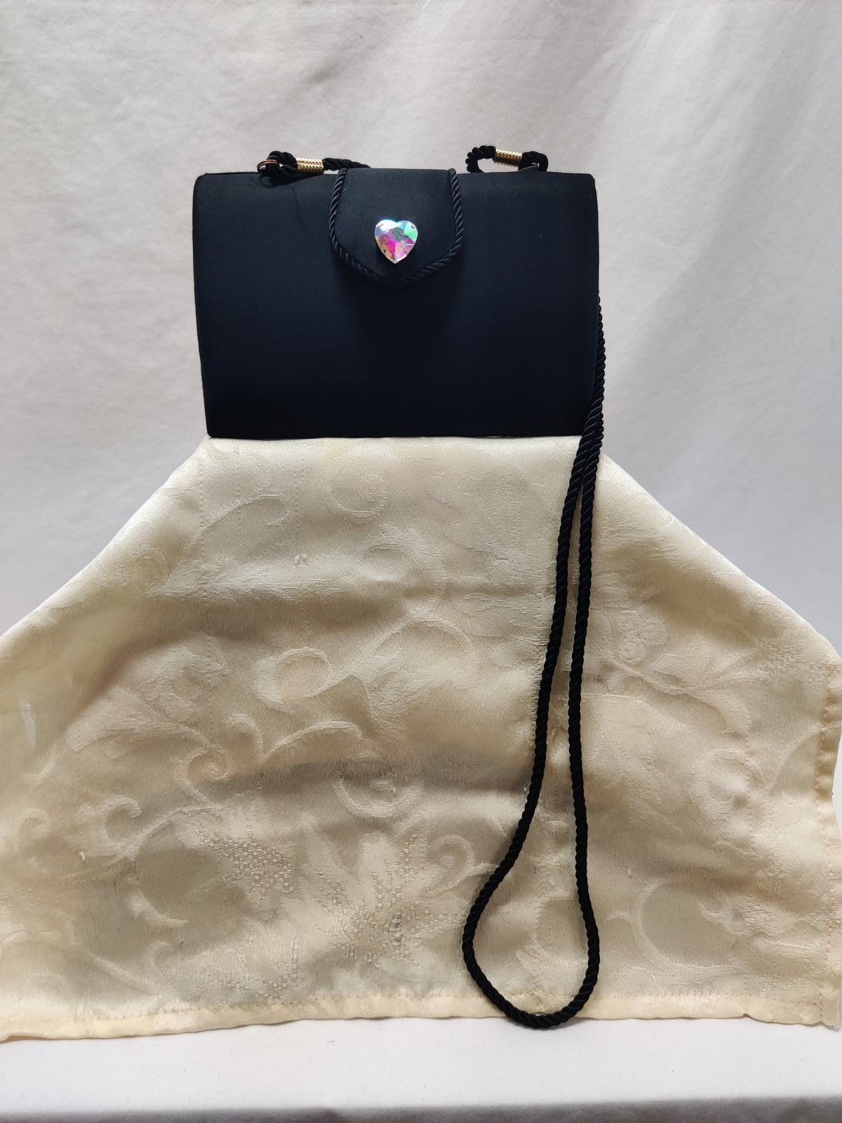 Lord & Taylor Black Satin Evening Bag - AB Crystal Heart Clutch Crossbody