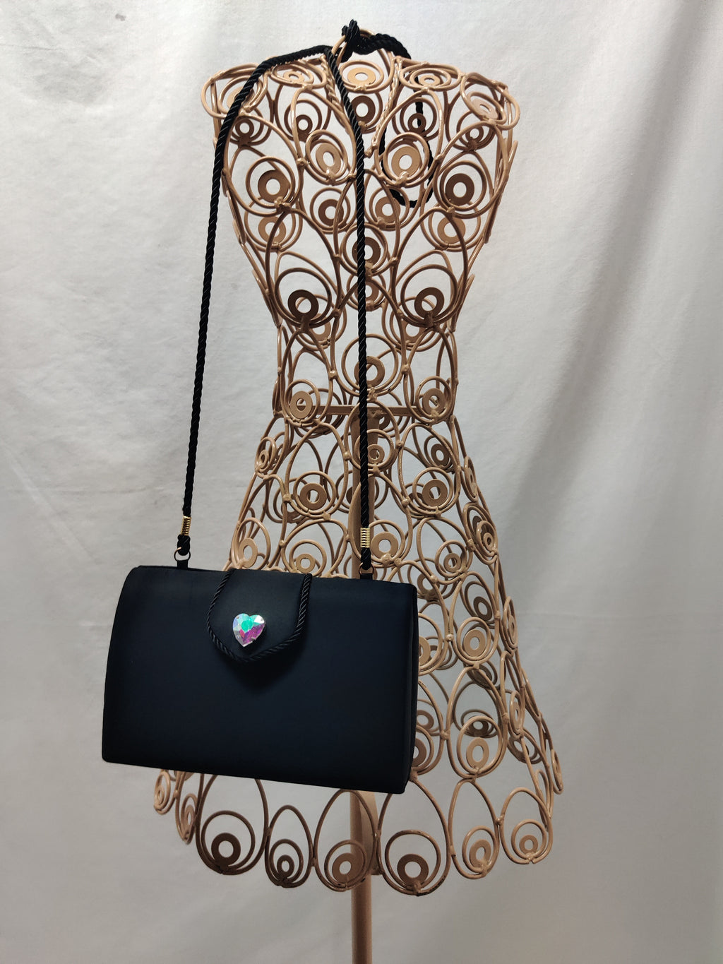 Lord & Taylor Black Satin Evening Bag - AB Crystal Heart Clutch Crossbody