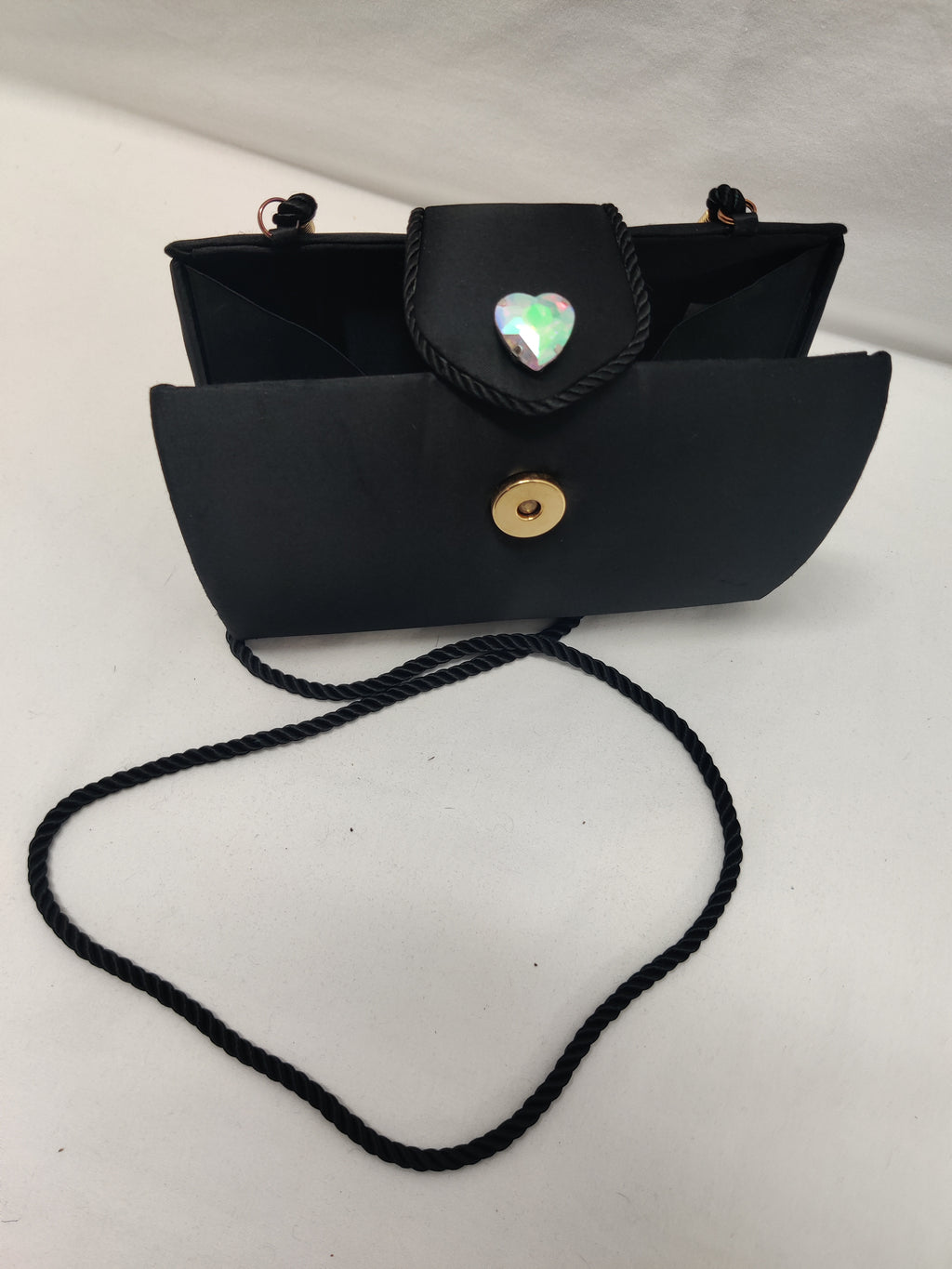 Lord & Taylor Black Satin Evening Bag - AB Crystal Heart Clutch Crossbody