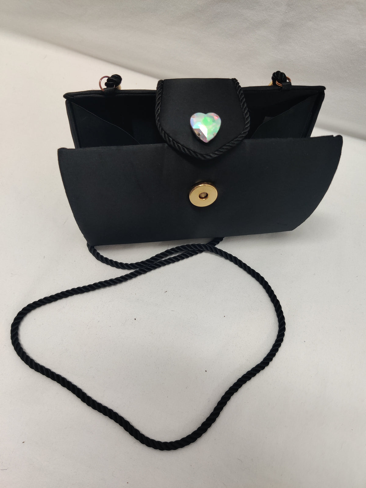 Lord & Taylor Black Satin Evening Bag - AB Crystal Heart Clutch Crossbody