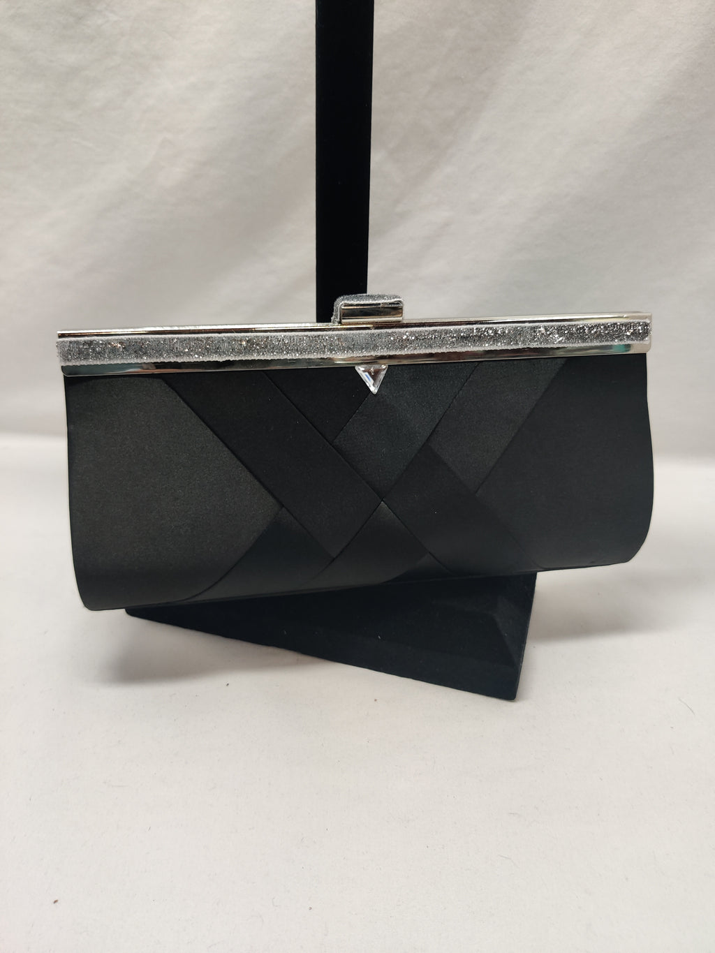 Lulu Townsend Black Satin Woven Evening Clutch - Silver Glitter Frame