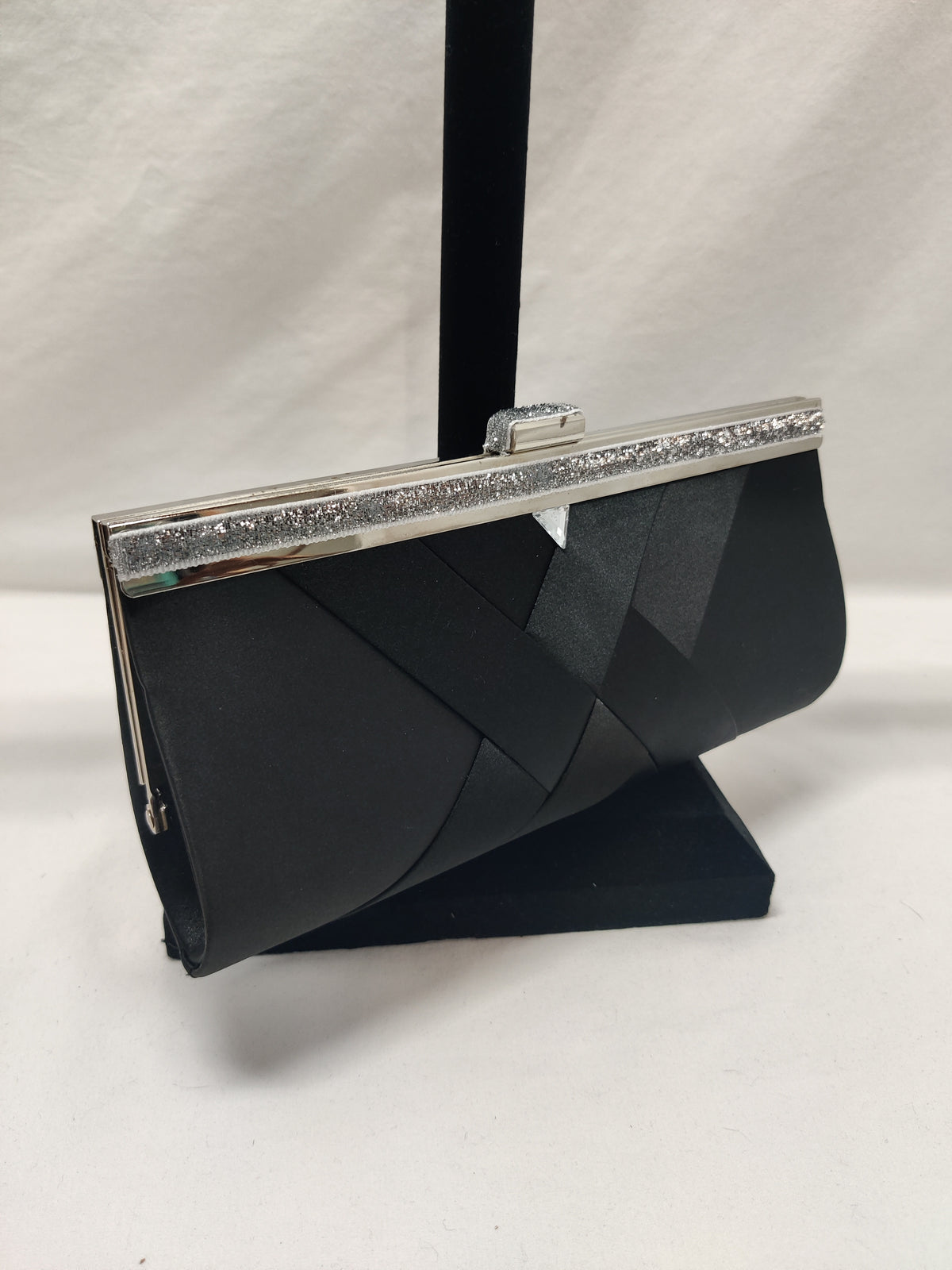 Lulu Townsend Black Satin Woven Evening Clutch - Silver Glitter Frame