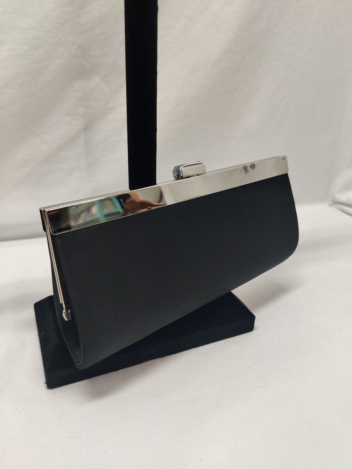 Lulu Townsend Black Satin Woven Evening Clutch - Silver Glitter Frame