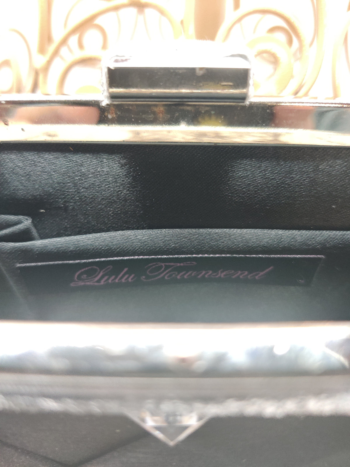 Lulu Townsend Black Satin Woven Evening Clutch - Silver Glitter Frame