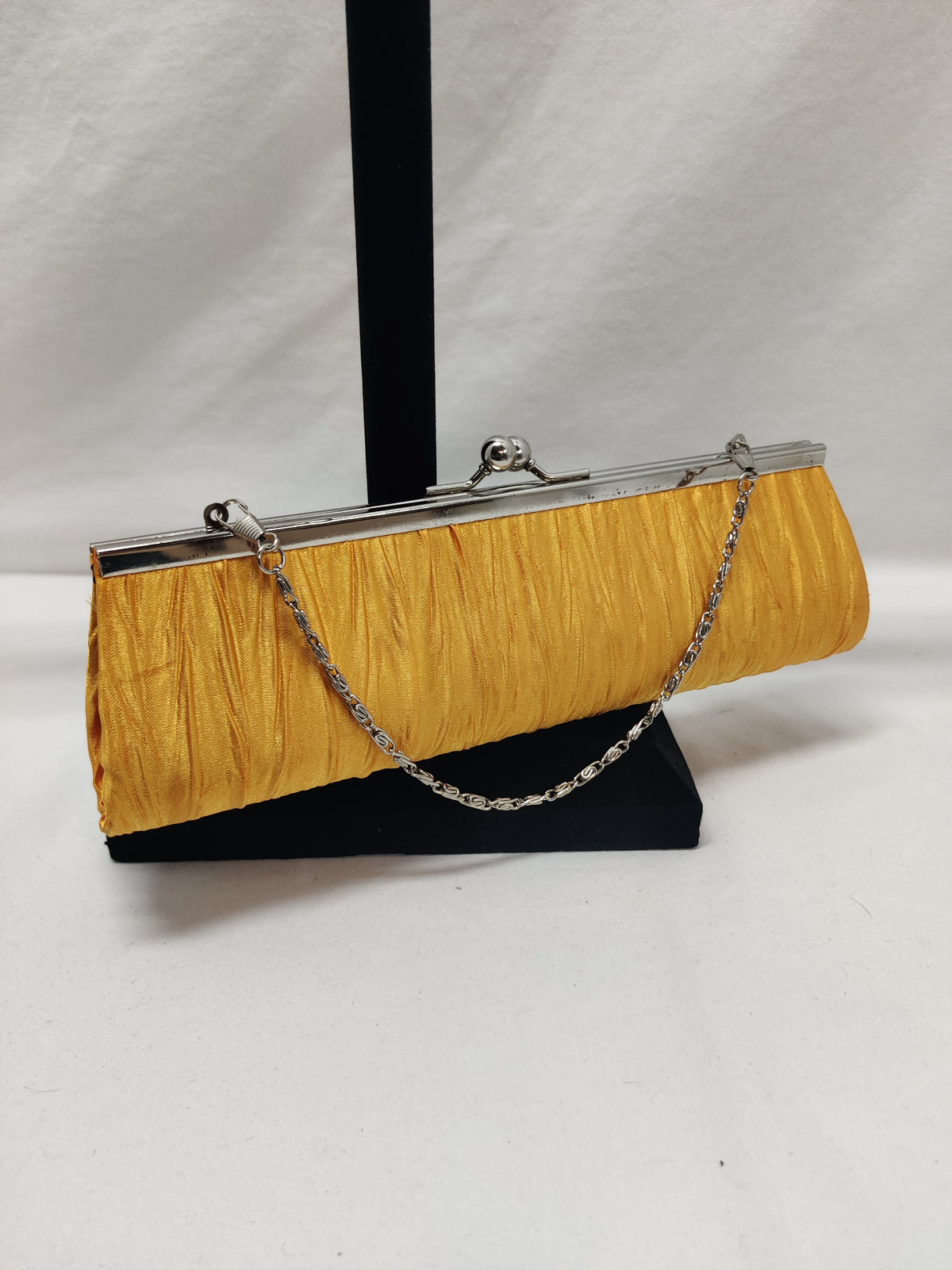 Mustard Yellow Satin Pleated Clutch - Silver Frame Chain Evening Bag