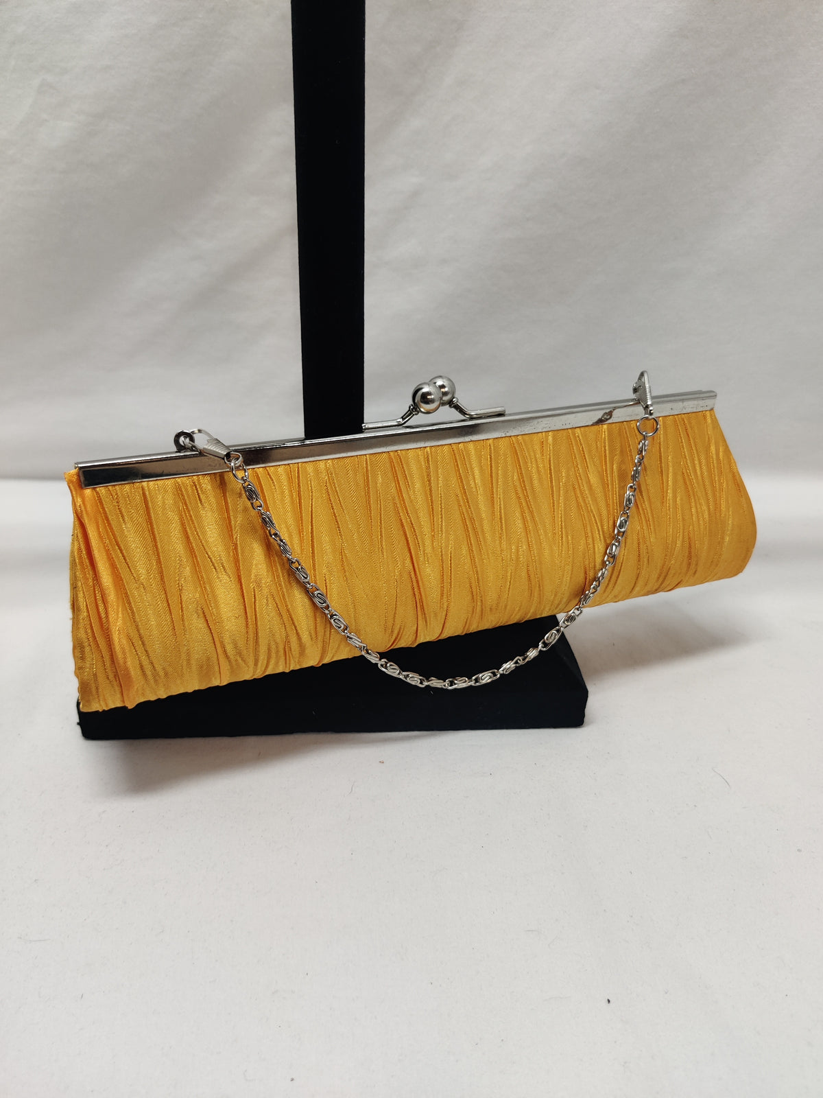 Mustard Yellow Satin Pleated Clutch - Silver Frame Chain Evening Bag