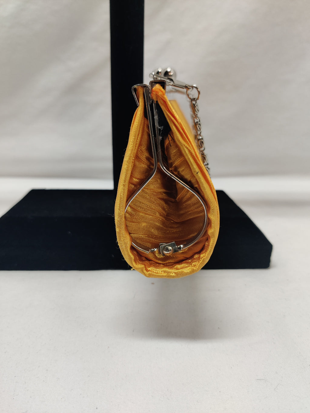 Mustard Yellow Satin Pleated Clutch - Silver Frame Chain Evening Bag