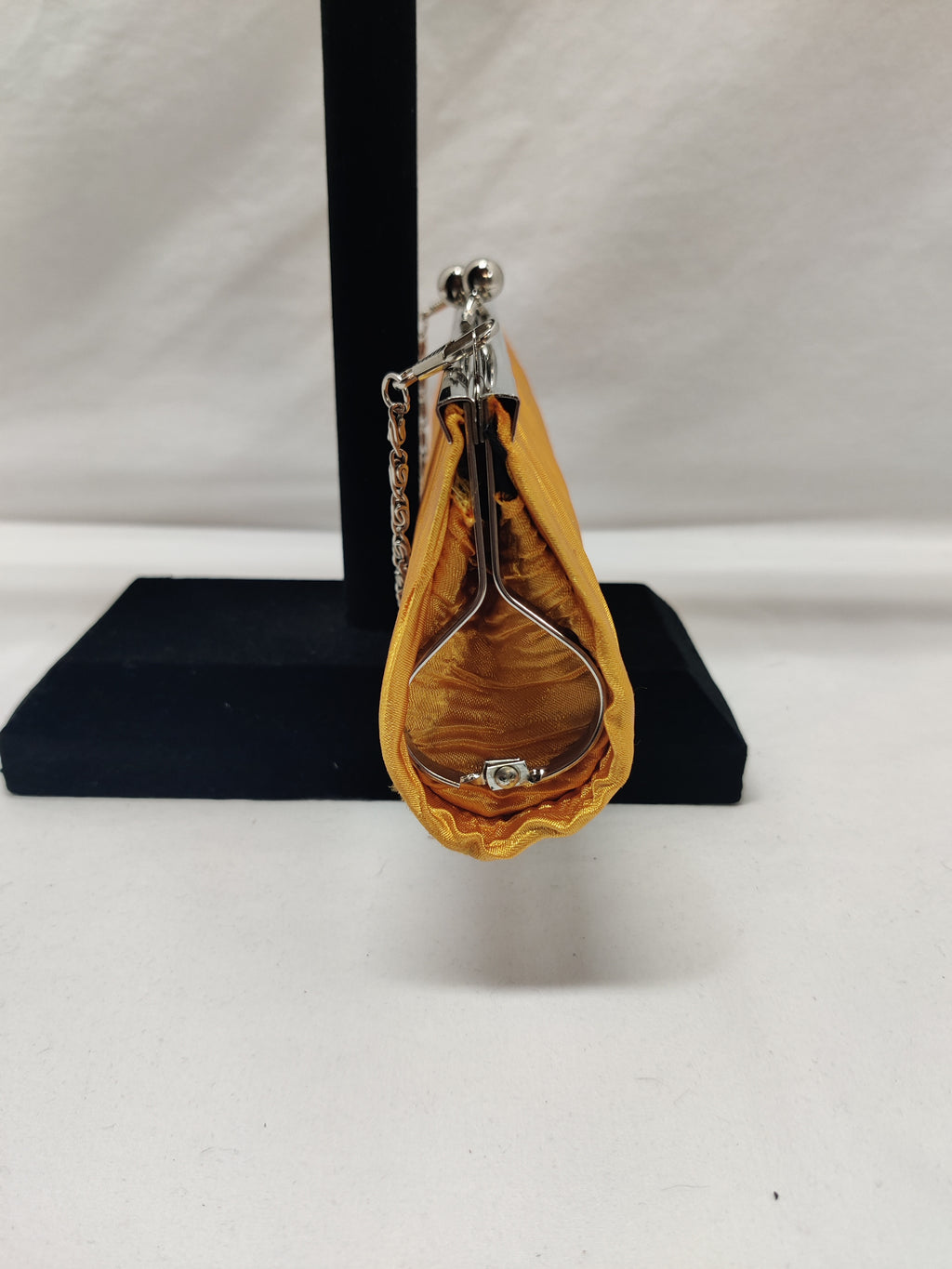 Mustard Yellow Satin Pleated Clutch - Silver Frame Chain Evening Bag