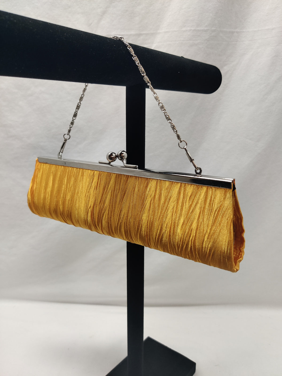 Mustard Yellow Satin Pleated Clutch - Silver Frame Chain Evening Bag