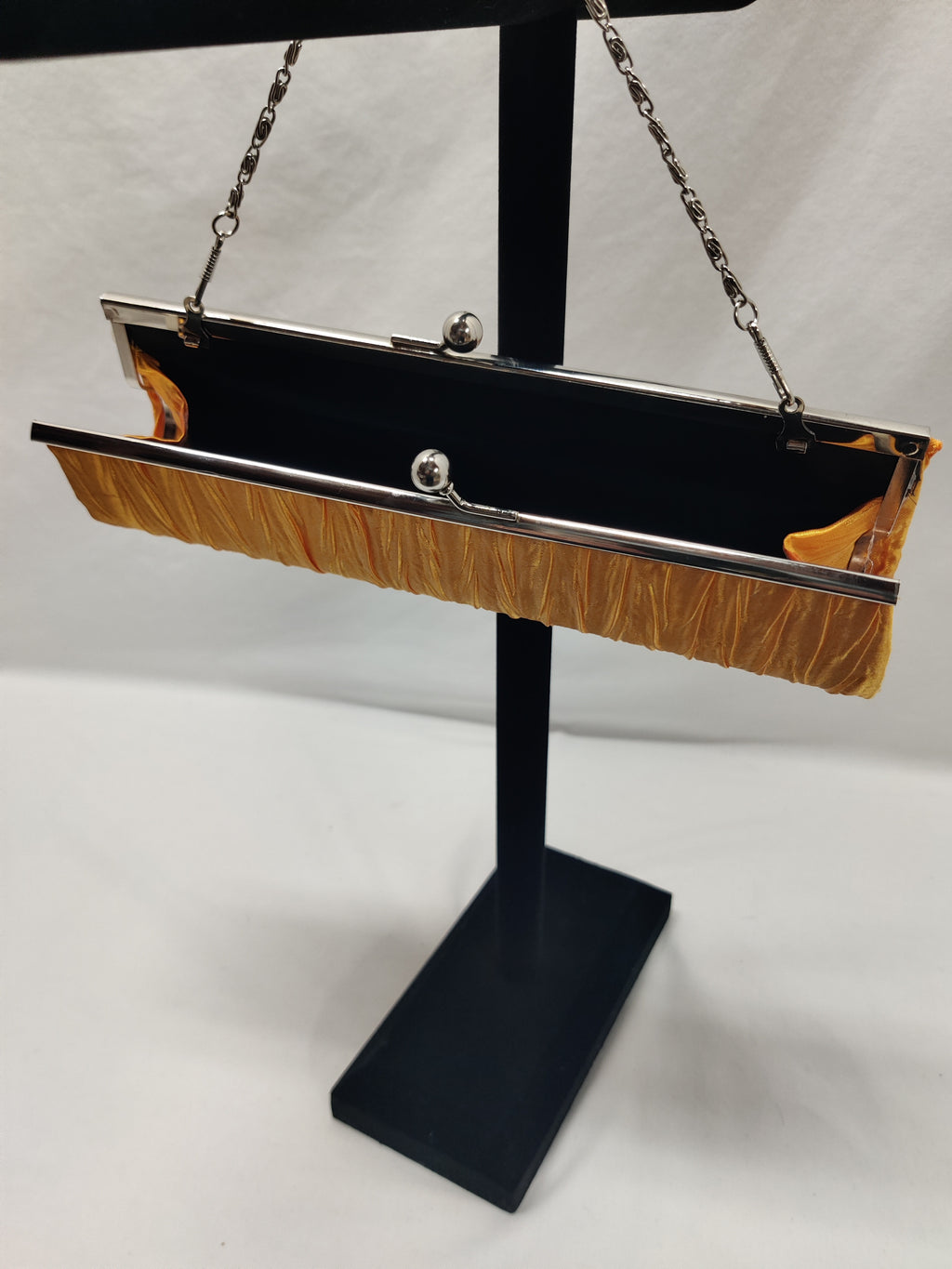 Mustard Yellow Satin Pleated Clutch - Silver Frame Chain Evening Bag