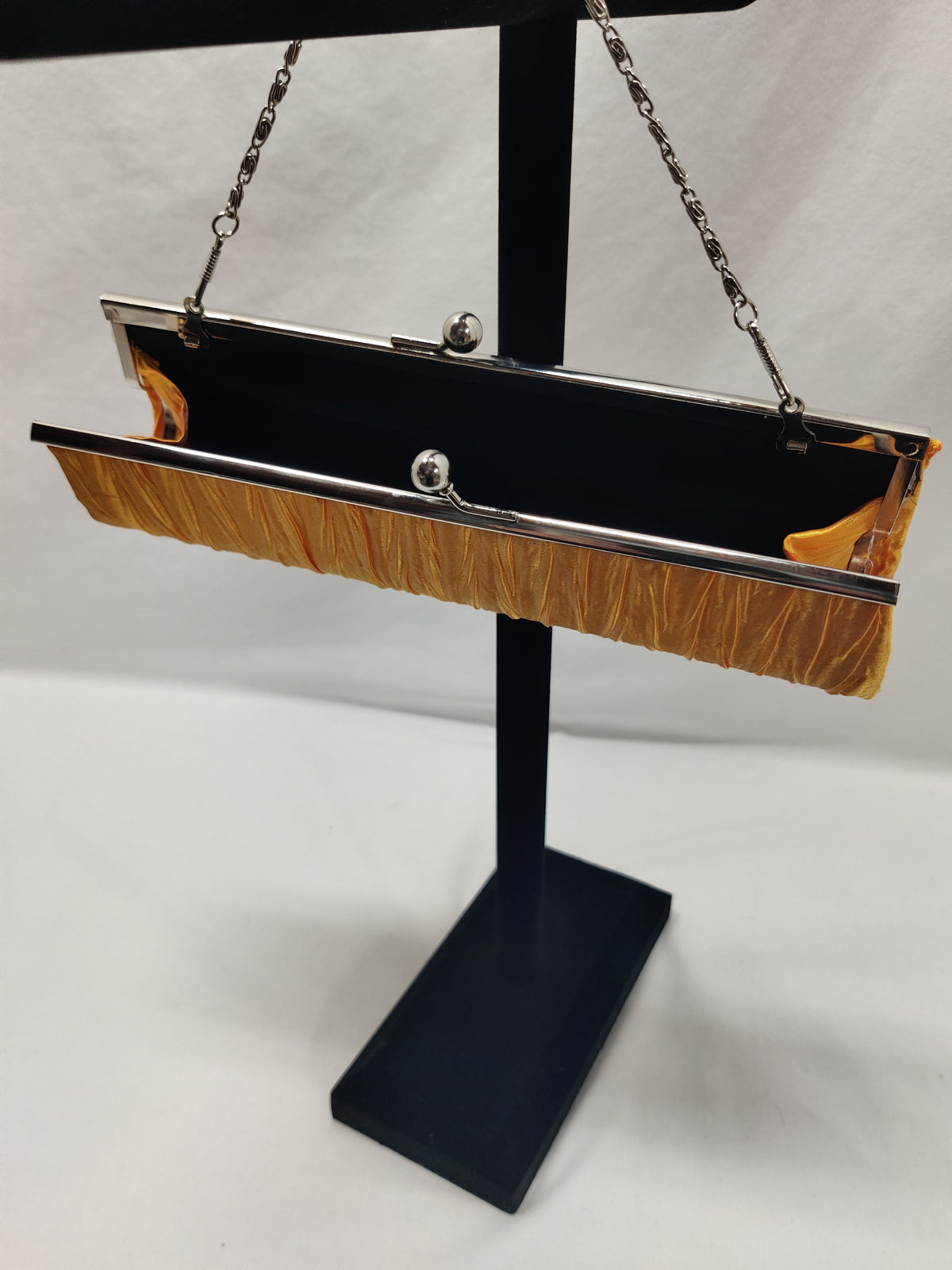 Mustard Yellow Satin Pleated Clutch - Silver Frame Chain Evening Bag