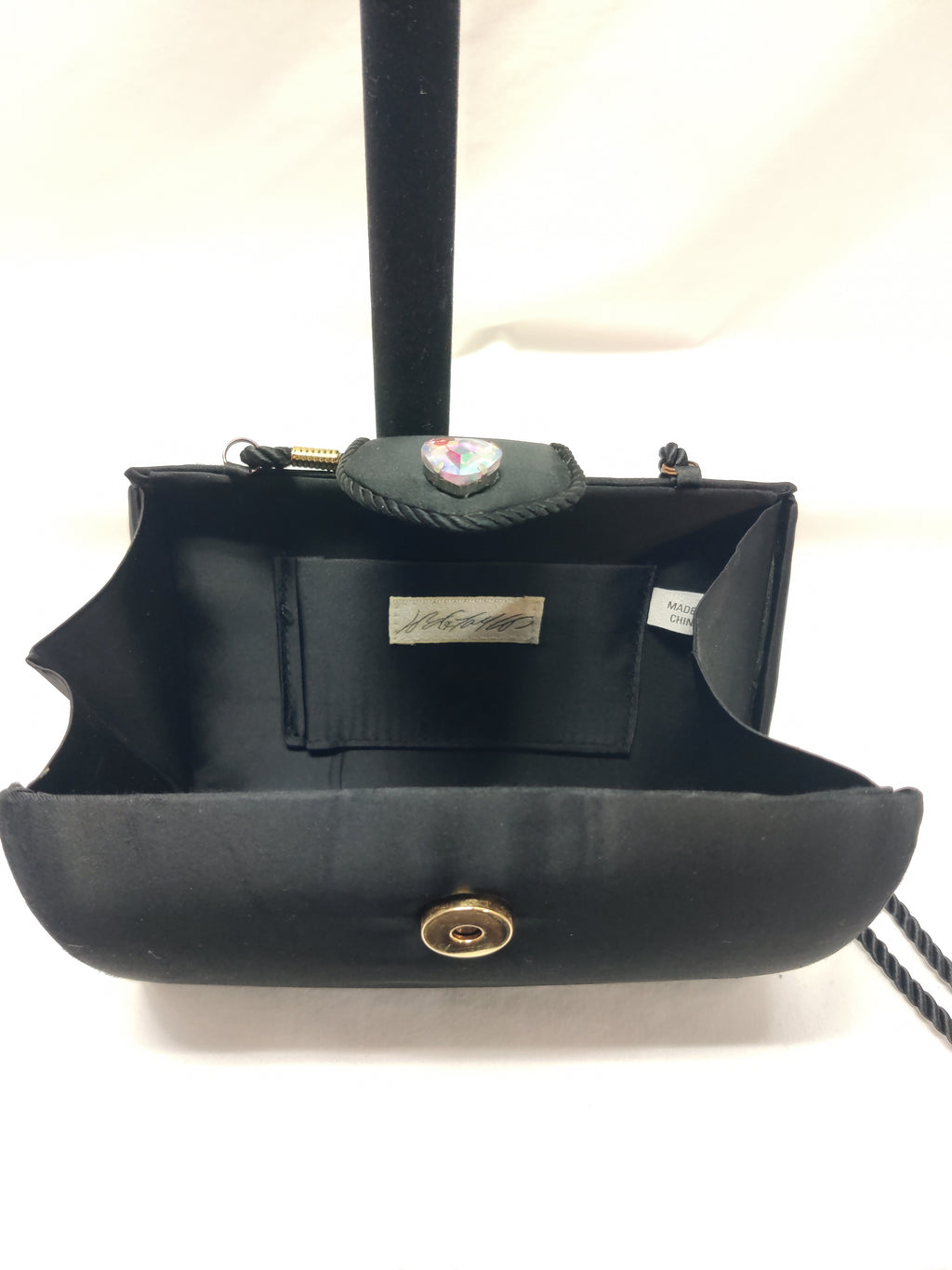 Lord & Taylor Black Satin Evening Bag - AB Crystal Heart Clutch Crossbody