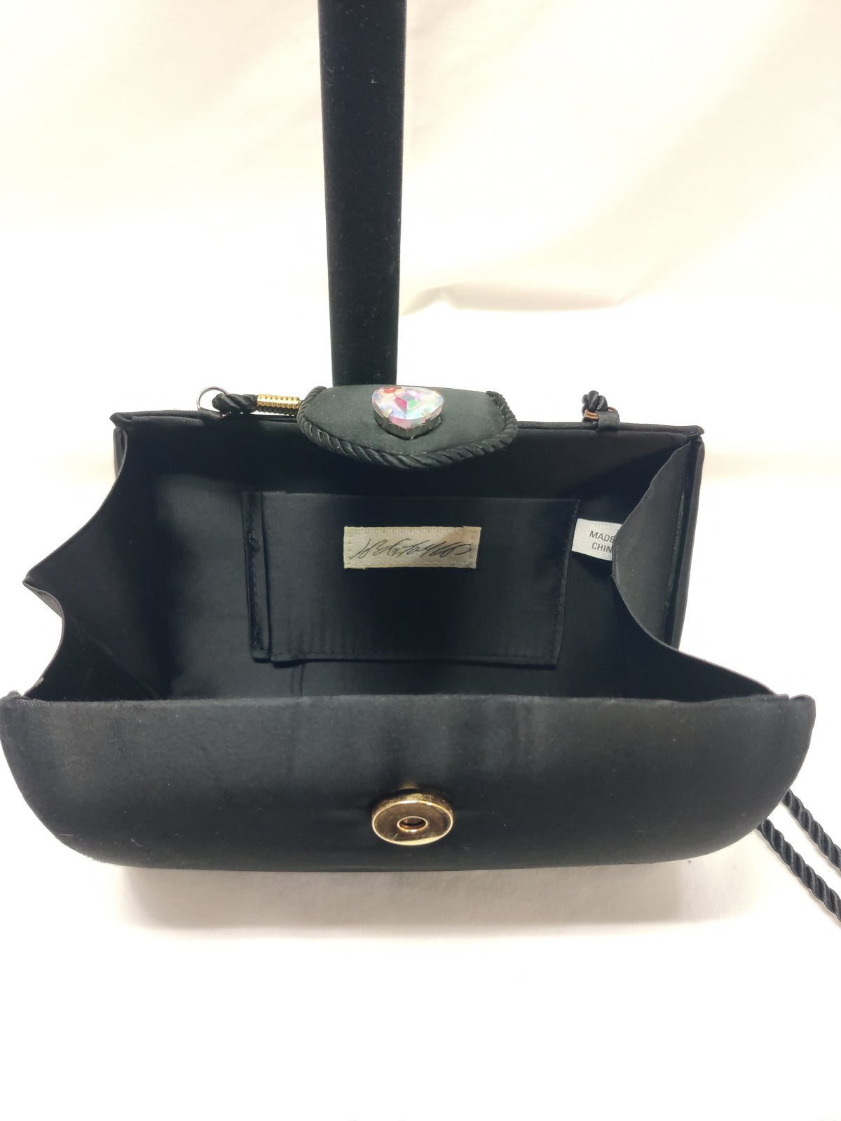 Lord & Taylor Black Satin Evening Bag - AB Crystal Heart Clutch Crossbody