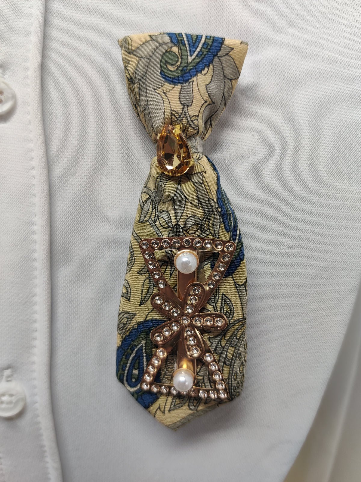 Handmade Beige Paisley Tie Brooch - Gold Crystal & Rhinestone Pearl Flower Lapel Pin