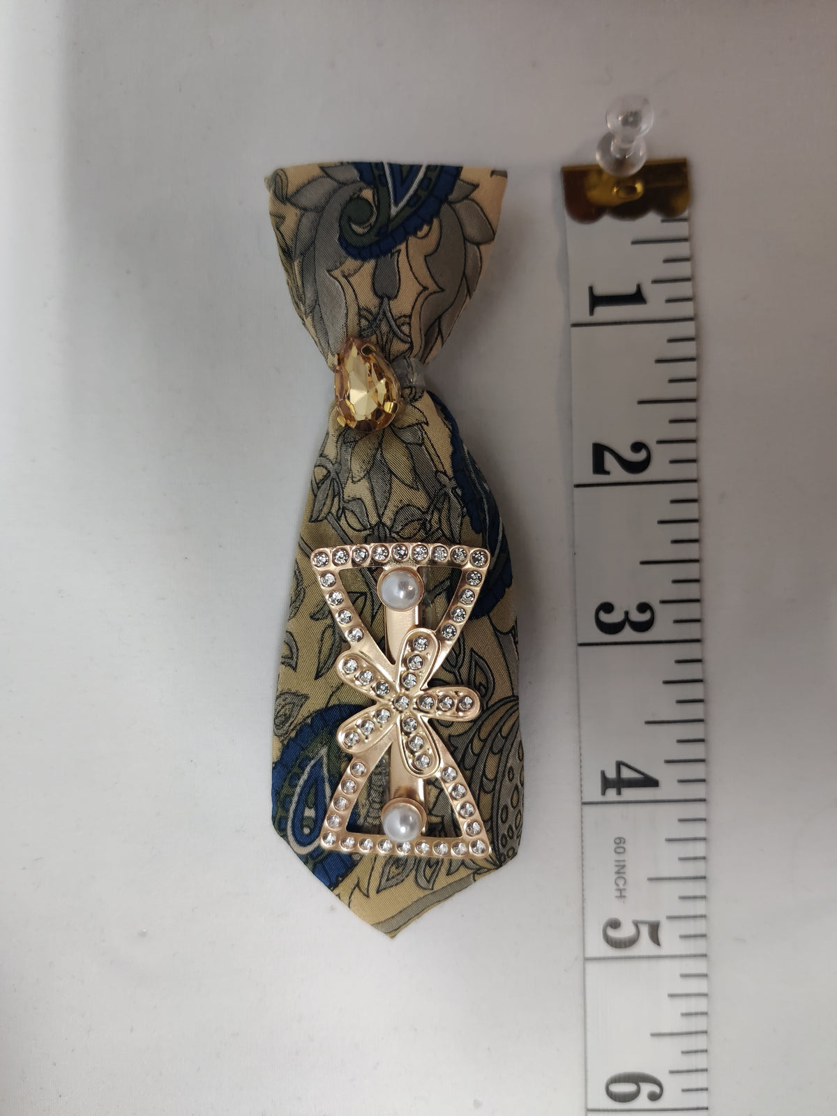 Handmade Beige Paisley Tie Brooch - Gold Crystal & Rhinestone Pearl Flower Lapel Pin