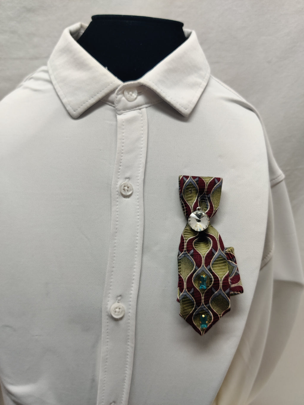 Handmade Burgundy & Olive Tie Brooch - Large Crystal & Aqua Rhinestone Lapel Pin