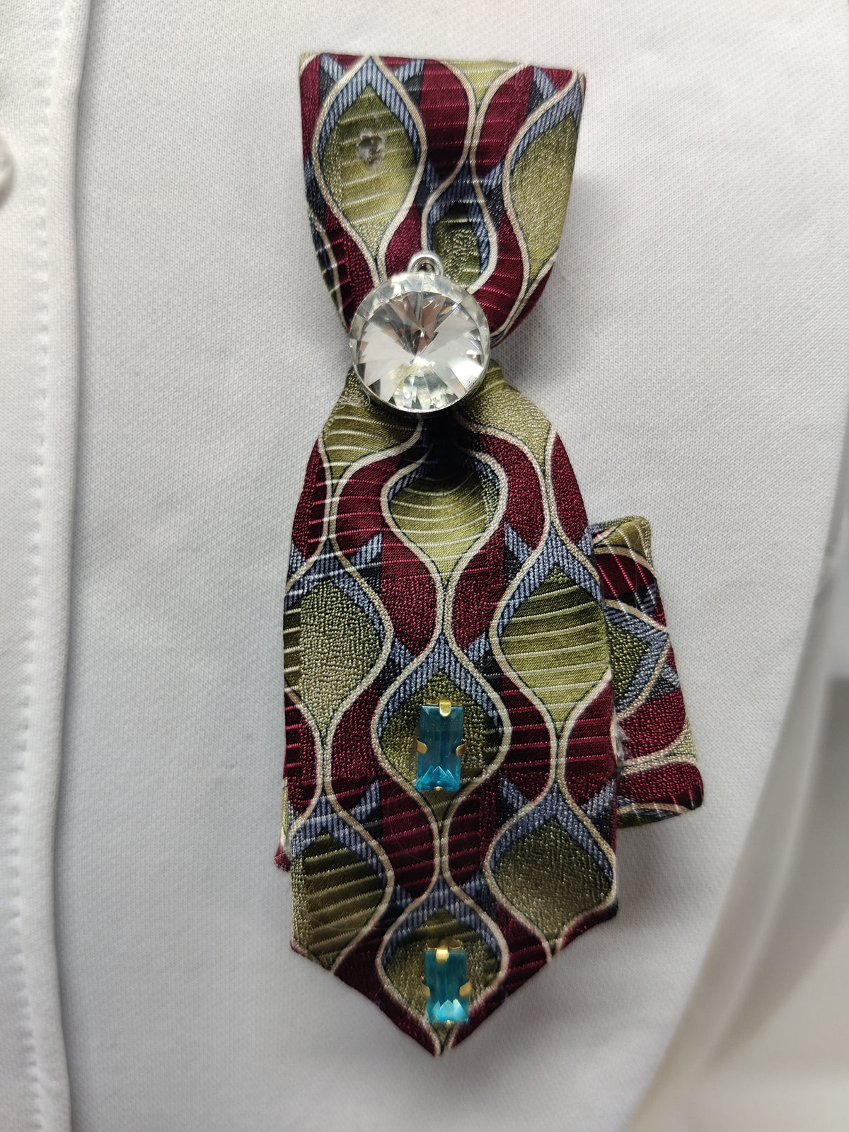 Handmade Burgundy & Olive Tie Brooch - Large Crystal & Aqua Rhinestone Lapel Pin