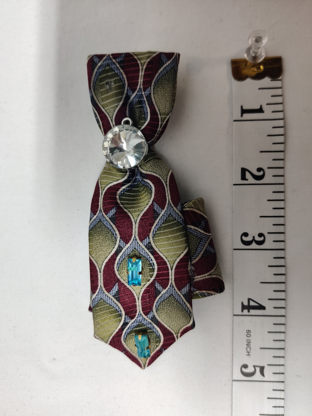 Handmade Burgundy & Olive Tie Brooch - Large Crystal & Aqua Rhinestone Lapel Pin