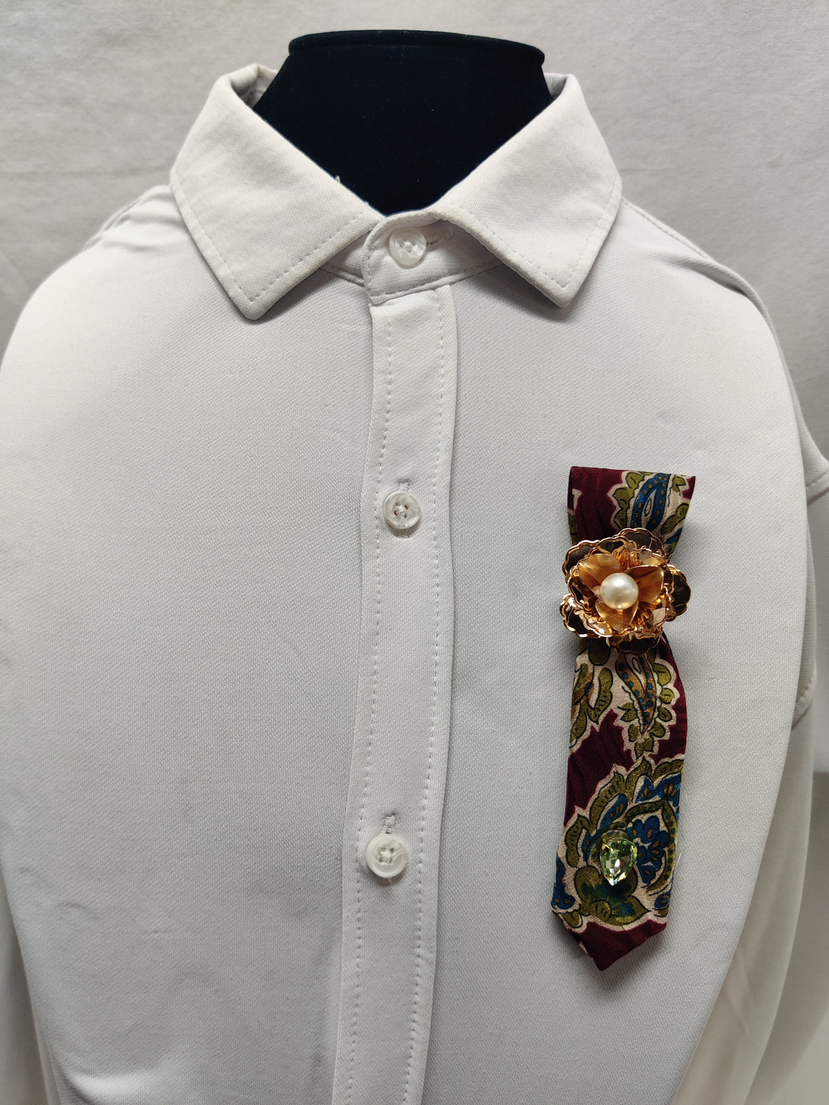 Handmade Burgundy Paisley Tie Brooch - Gold Pearl Flower & Green Crystal Lapel Pin
