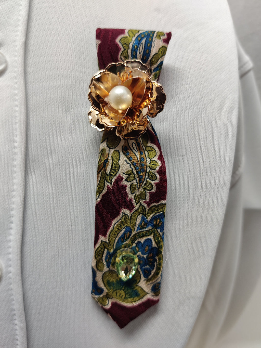 Handmade Burgundy Paisley Tie Brooch - Gold Pearl Flower & Green Crystal Lapel Pin