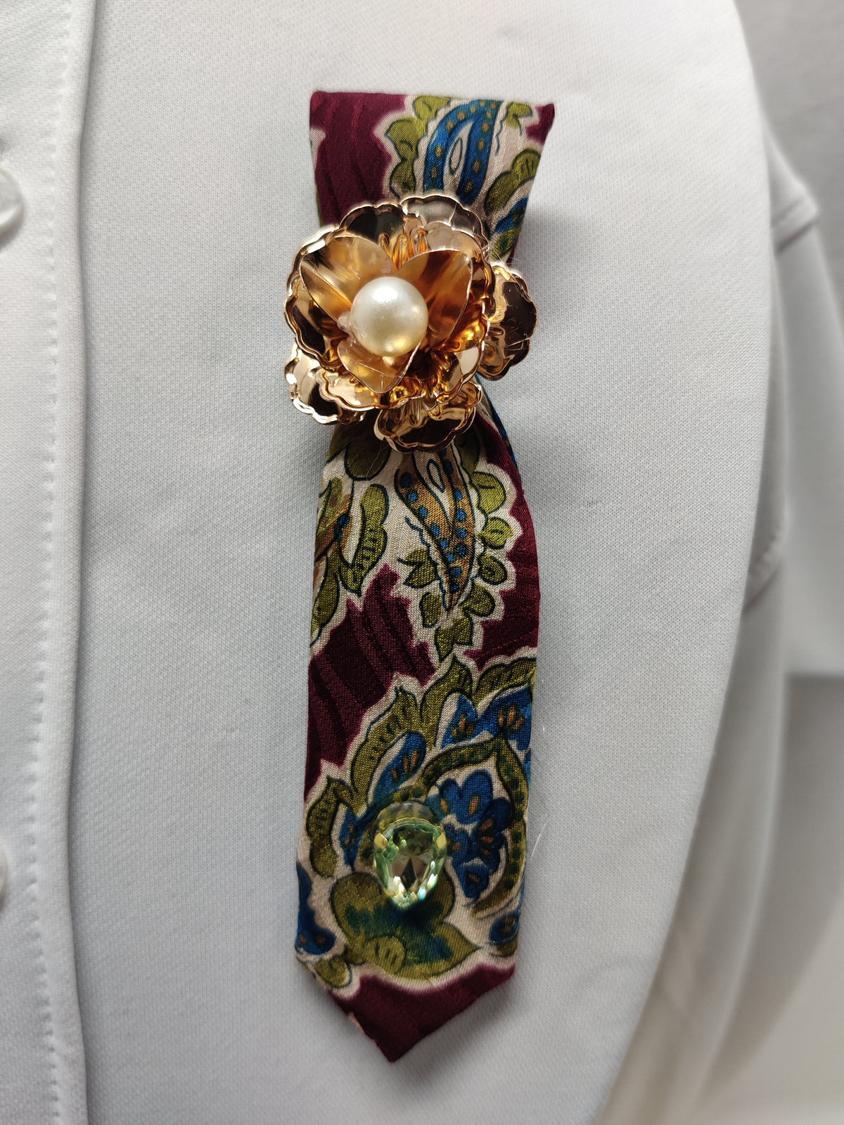 Handmade Burgundy Paisley Tie Brooch - Gold Pearl Flower & Green Crystal Lapel Pin