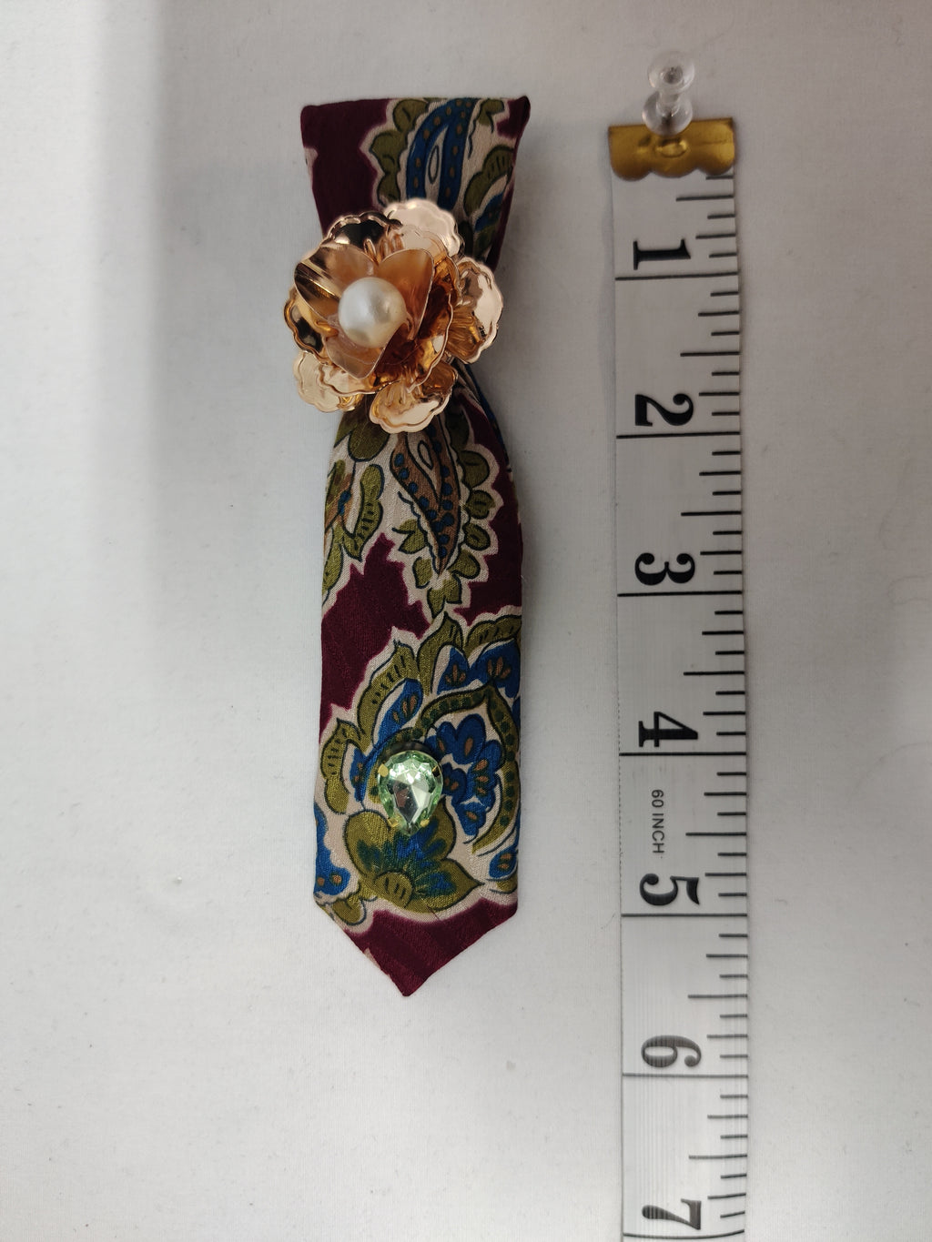 Handmade Burgundy Paisley Tie Brooch - Gold Pearl Flower & Green Crystal Lapel Pin