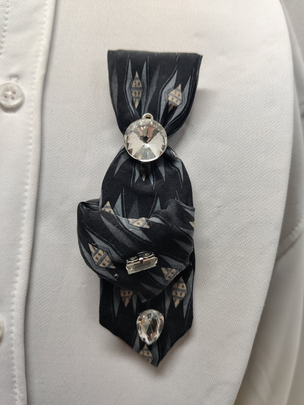 Handmade Black Geometric Tie Brooch - Large Clear Crystal & Rhinestone Lapel Pin