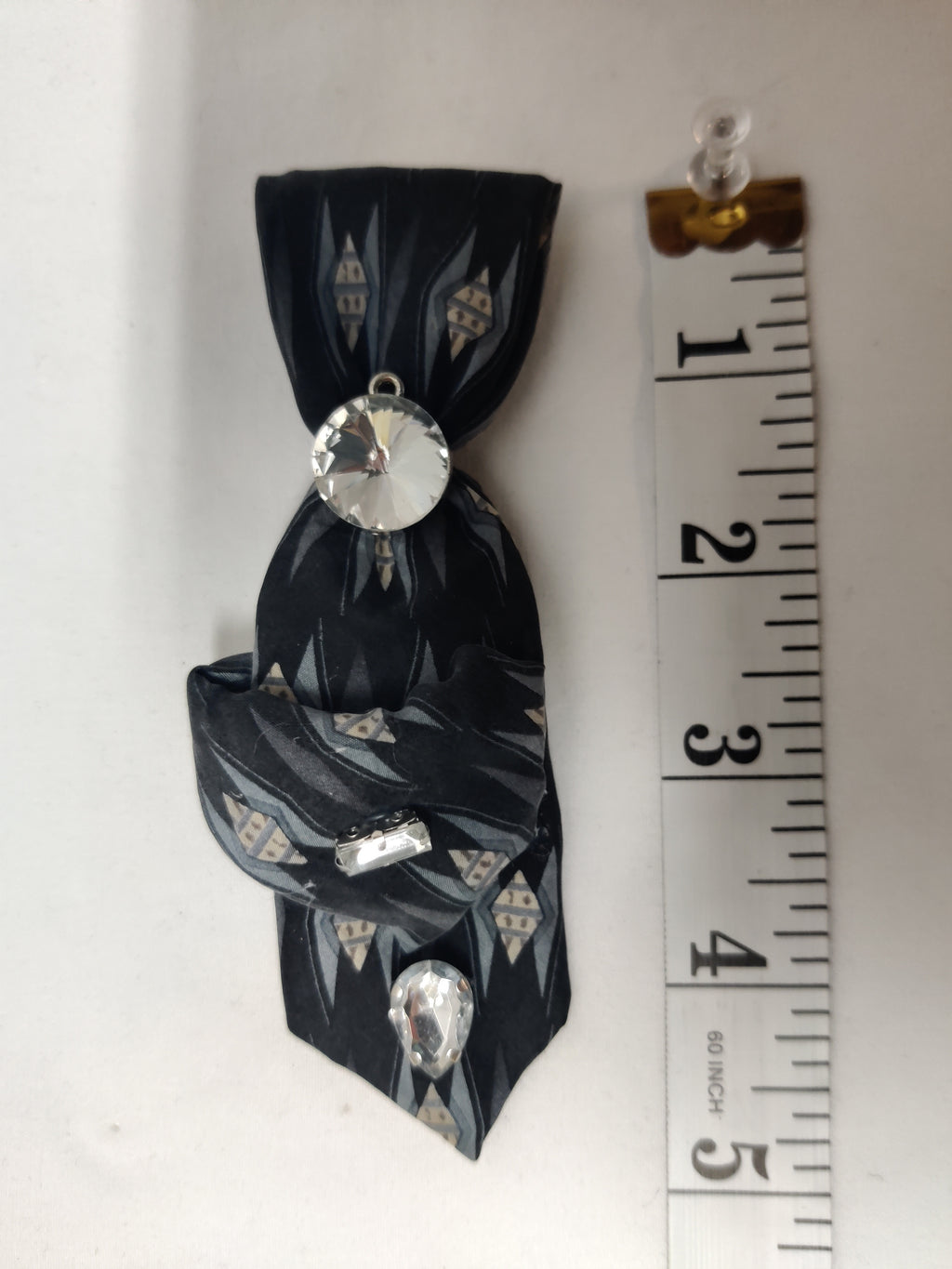 Handmade Black Geometric Tie Brooch - Large Clear Crystal & Rhinestone Lapel Pin