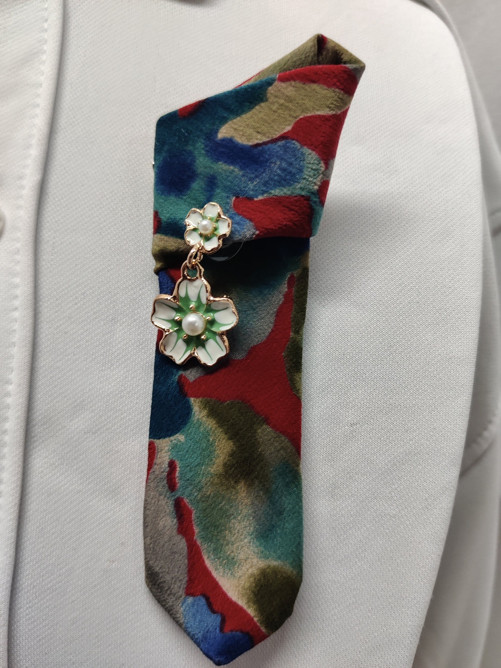 Handmade Colorful Abstract Tie Brooch - Gold White & Green Pearl Flower Charm Lapel Pin