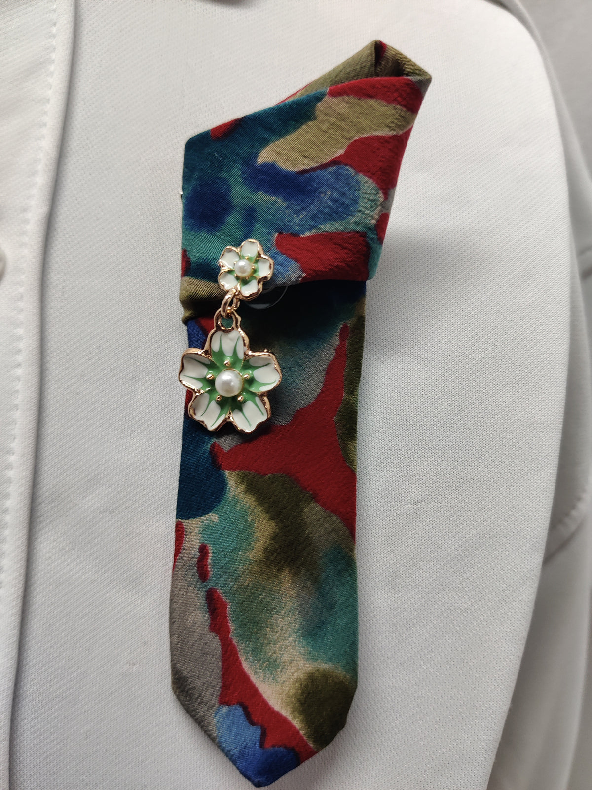 Handmade Colorful Abstract Tie Brooch - Gold White & Green Pearl Flower Charm Lapel Pin