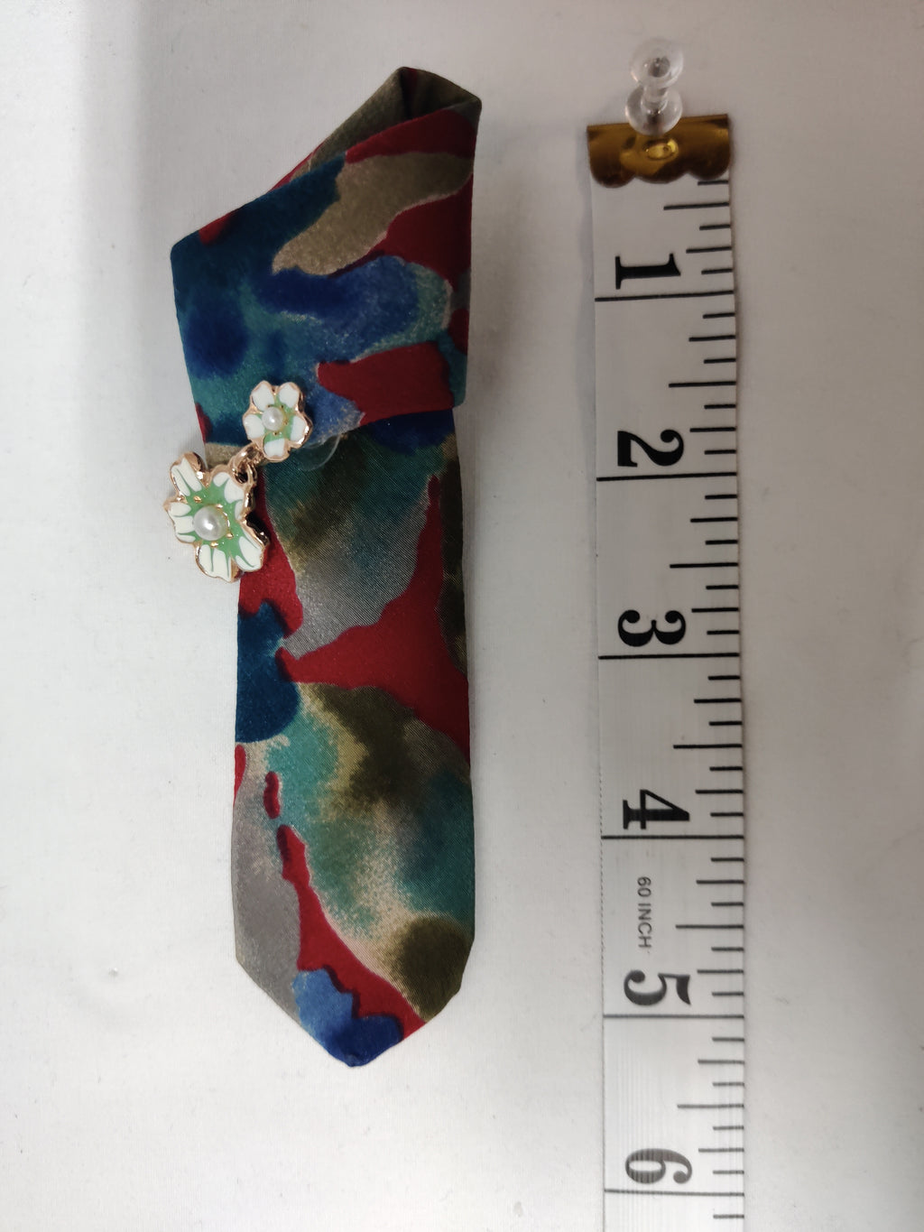 Handmade Colorful Abstract Tie Brooch - Gold White & Green Pearl Flower Charm Lapel Pin