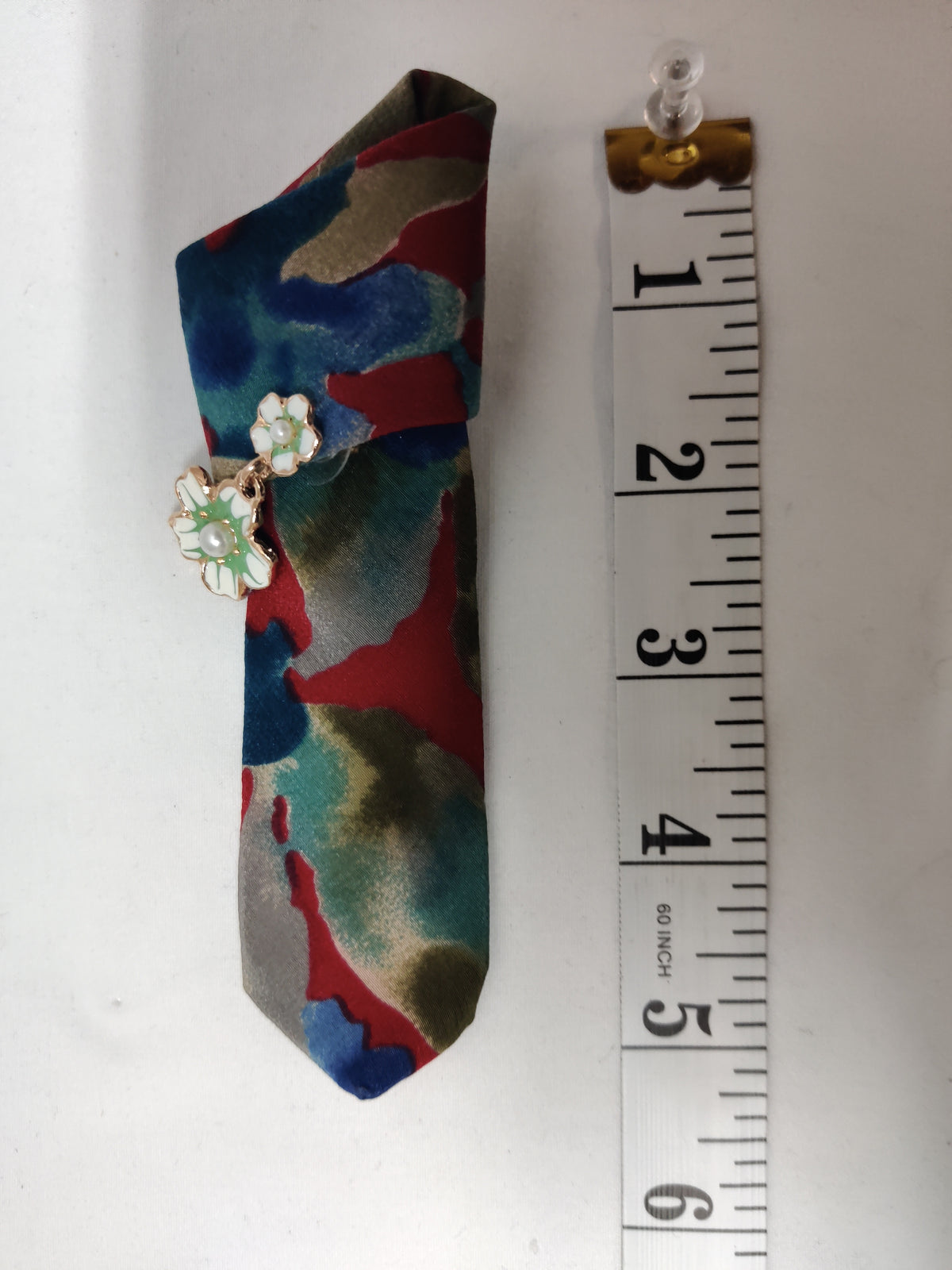 Handmade Colorful Abstract Tie Brooch - Gold White & Green Pearl Flower Charm Lapel Pin