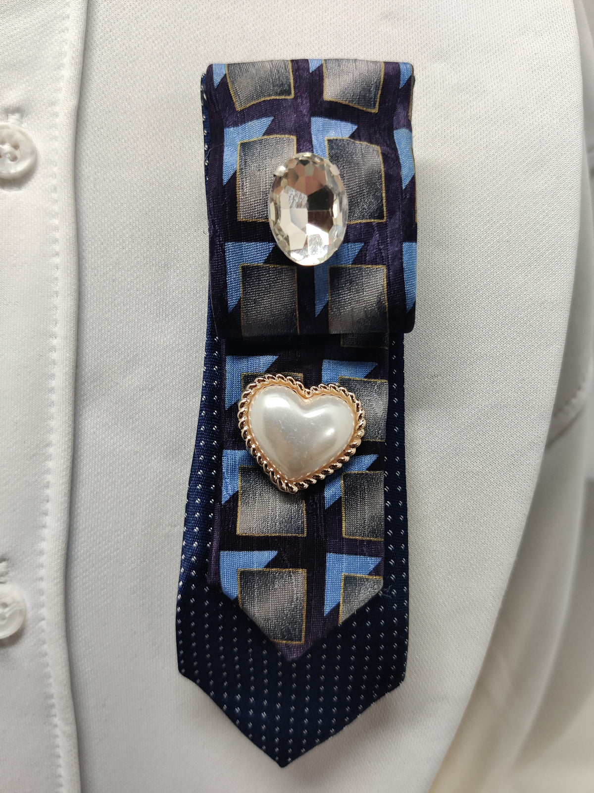 Handmade Navy Blue Geometric Tie Brooch - Pearl Heart & Oval Crystal Lapel Pin - Double Tie