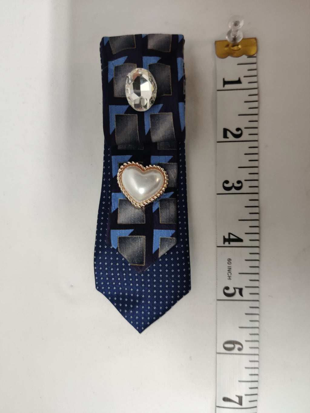 Handmade Navy Blue Geometric Tie Brooch - Pearl Heart & Oval Crystal Lapel Pin - Double Tie