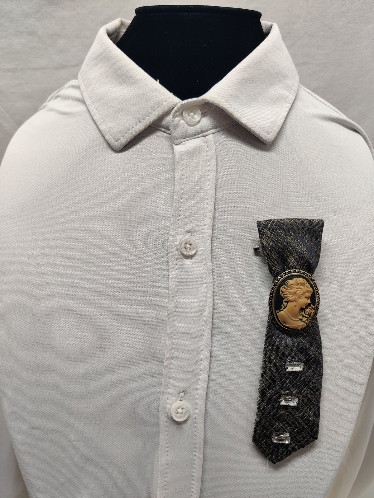 Handmade Vintage Cameo Tie Brooch - Gray Plaid Fabric & Crystal Rhinestones - Victorian Style